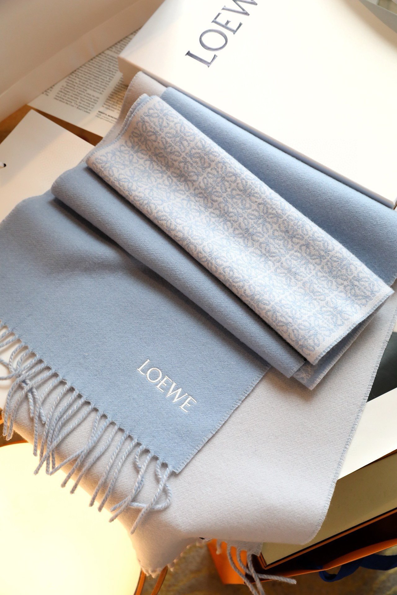 Loewe Anagram Scarf in Baby Blue Wool and Cashmere