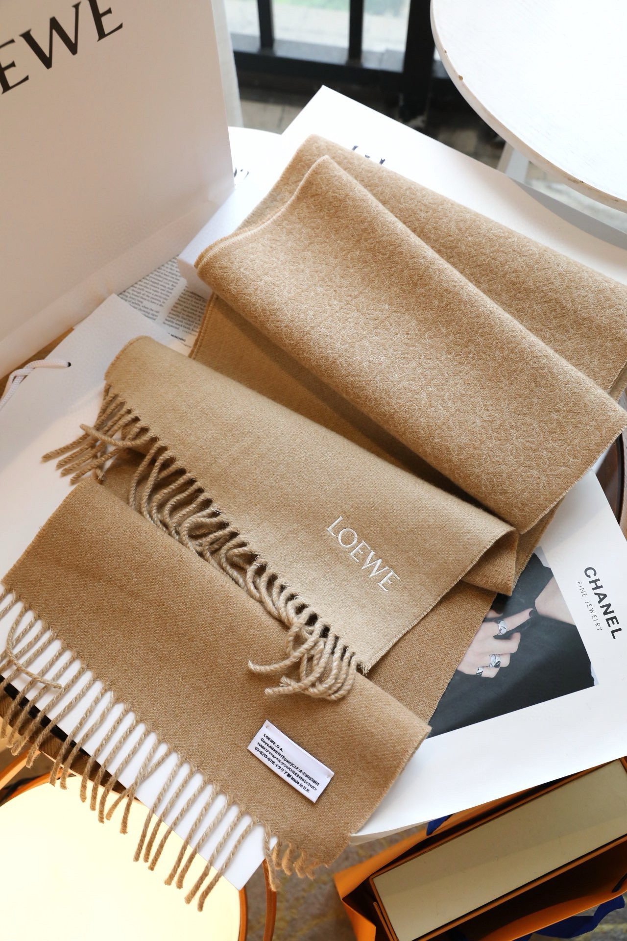 Loewe Anagram Scarf in Camel Wool and Cashmere