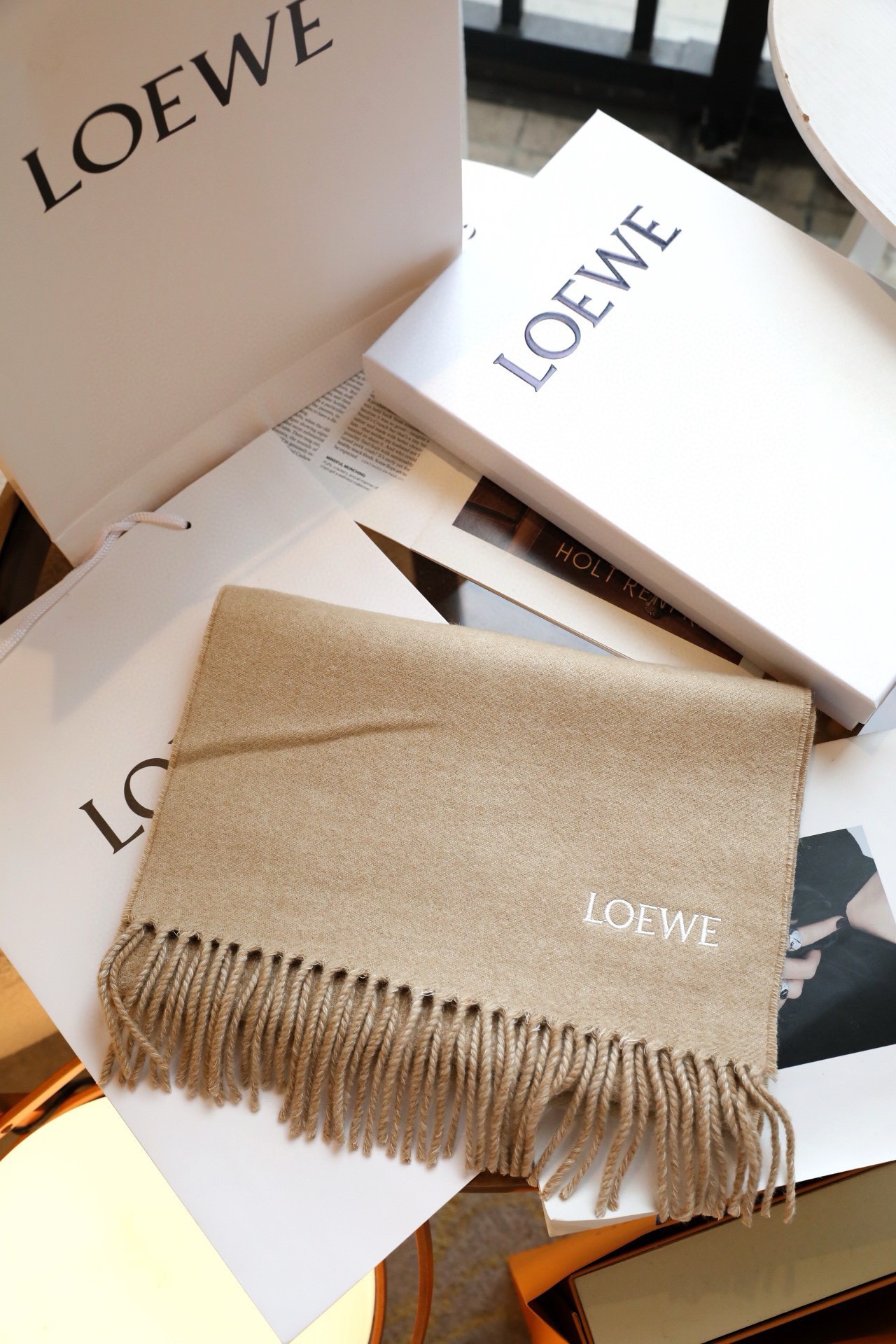 Loewe Anagram Scarf in Camel Wool and Cashmere