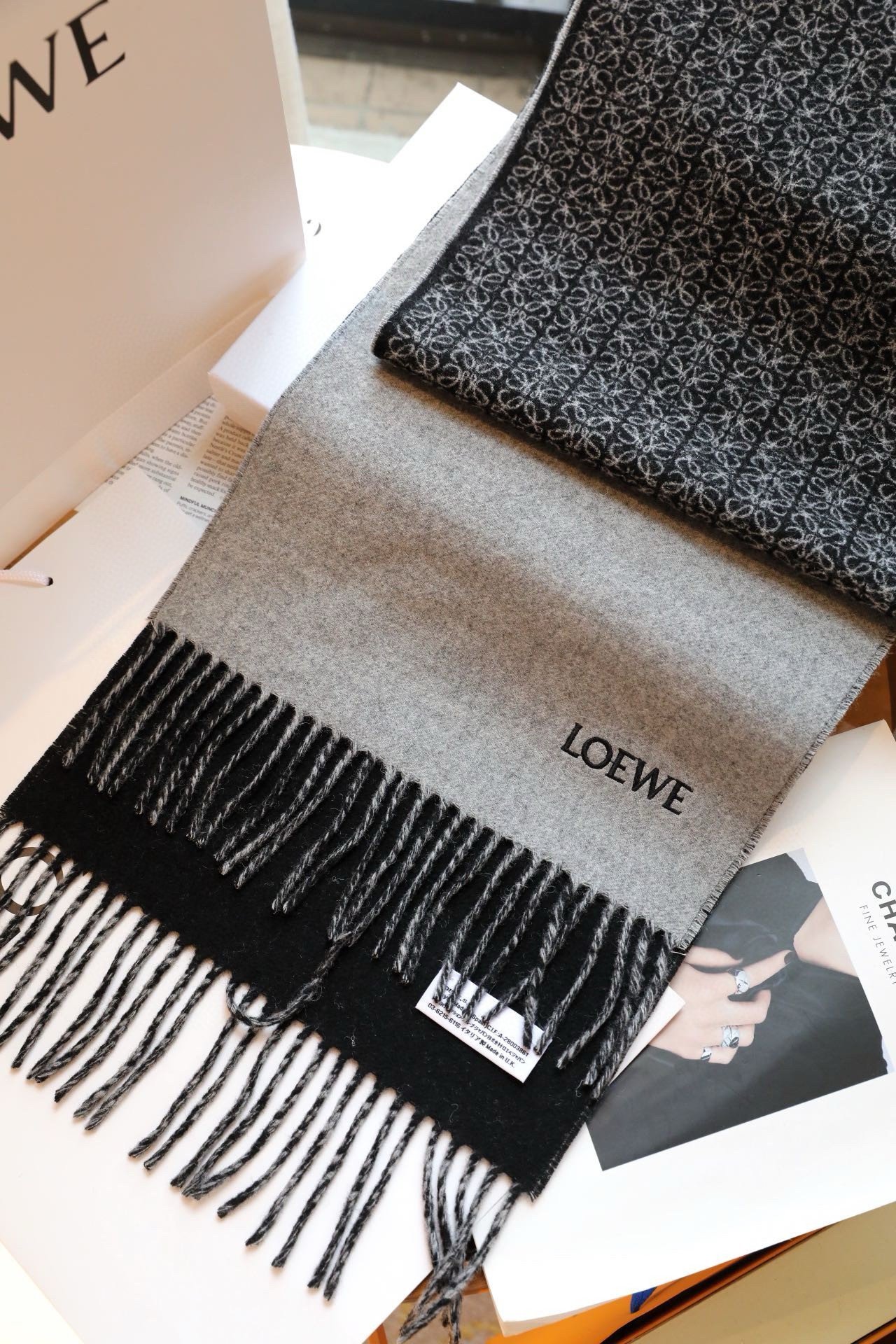 Loewe Anagram Scarf in Grey/Black Wool and Cashmere