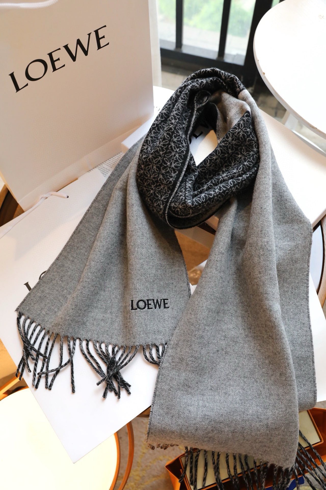 Loewe Anagram Scarf in Grey/Black Wool and Cashmere