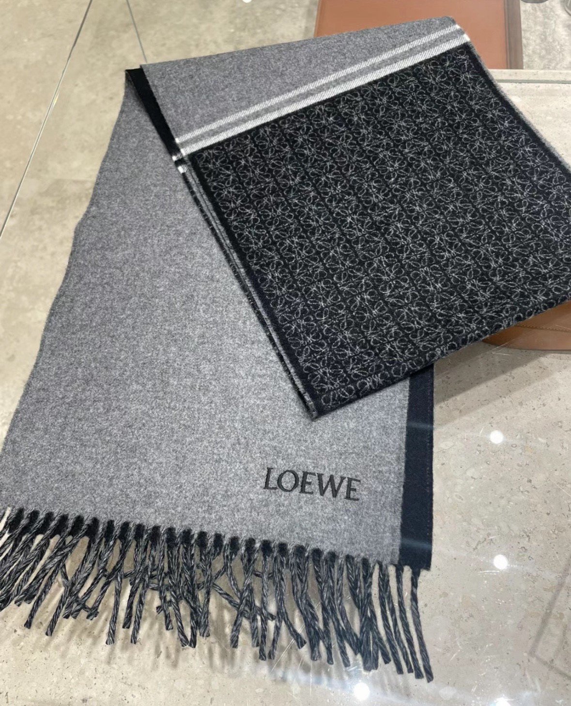 Loewe Anagram Scarf in Grey/Black Wool and Cashmere