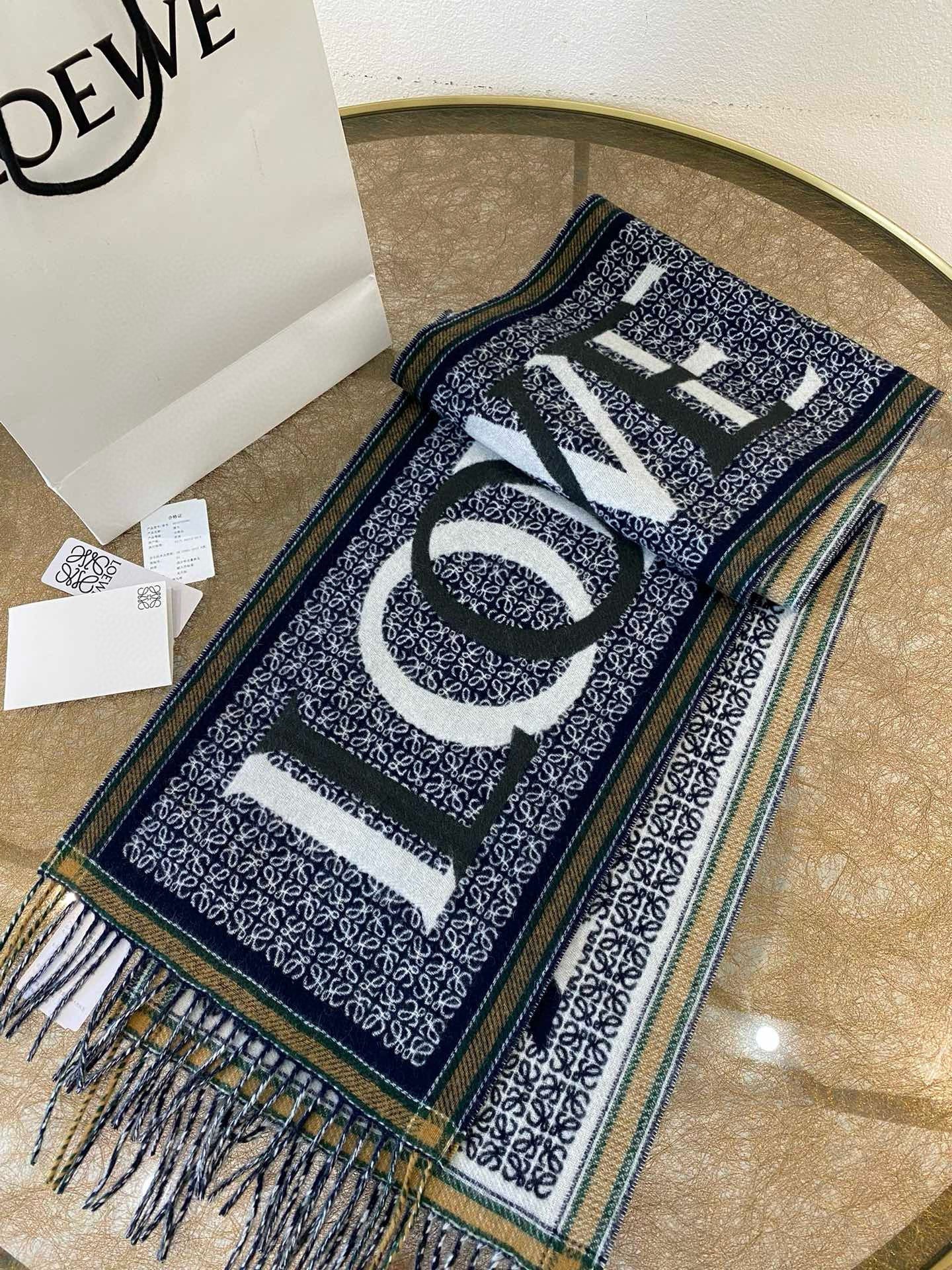 Loewe Love Scarf in Navy Blue Wool and Cashmere