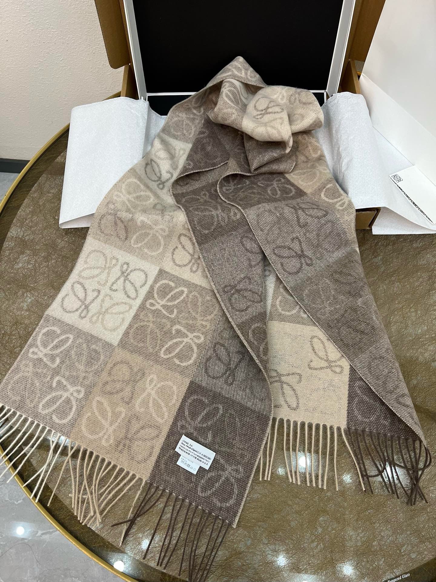 Loewe Anagram Checkerboard Scarf in Beige Wool and Cashmere