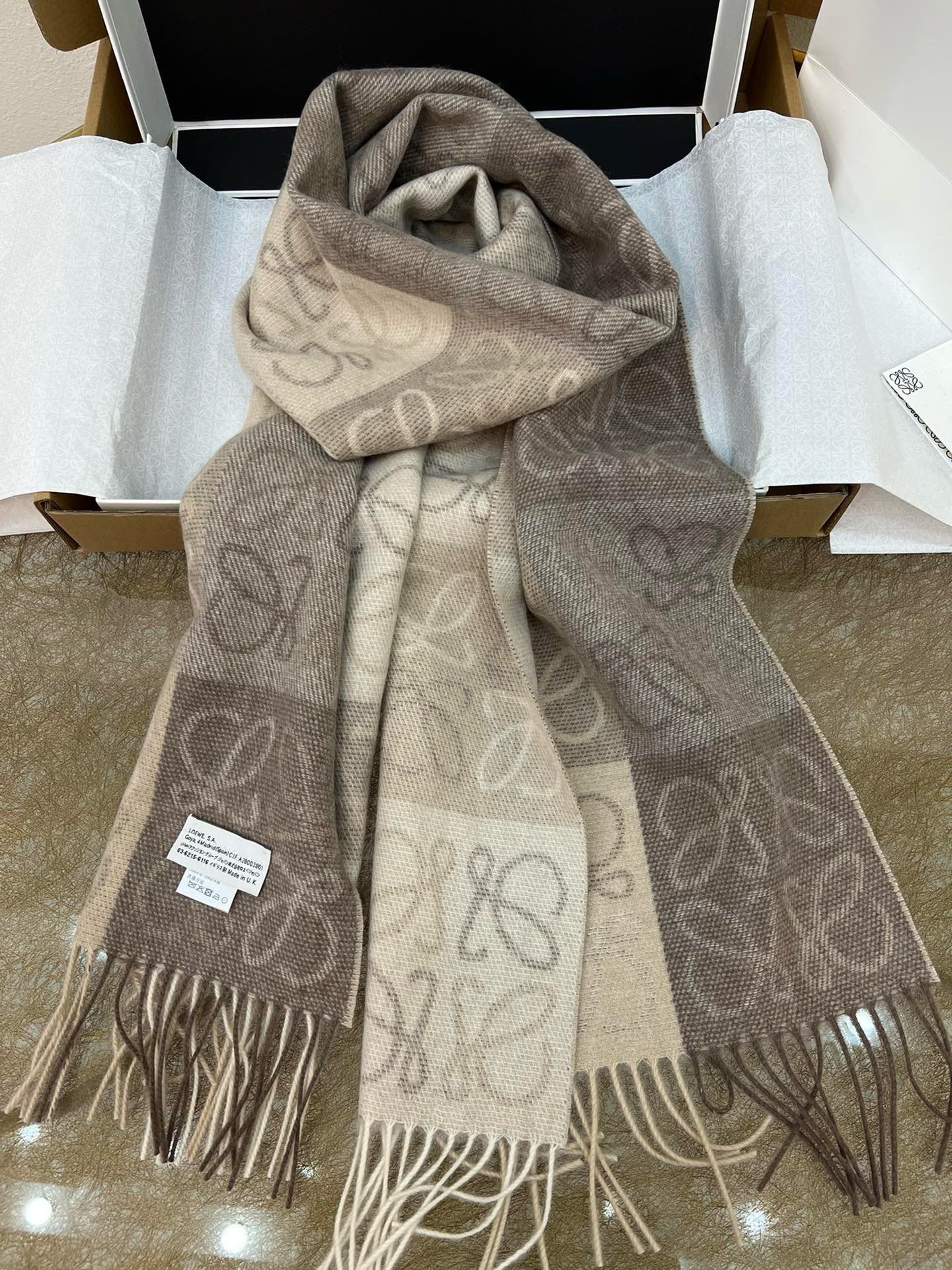 Loewe Anagram Checkerboard Scarf in Beige Wool and Cashmere