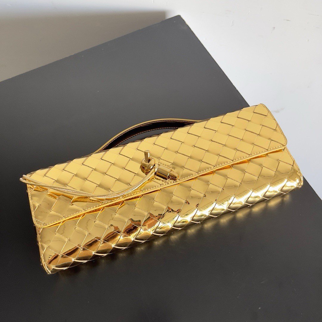 Bottega Veneta Andiamo Clutch with Handle in Gold Metallic Leather