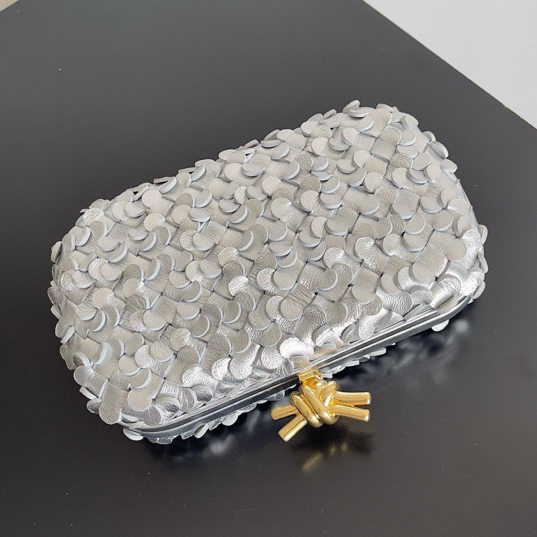 Bottega Veneta Knot Minaudiere Clutch in Silver Sequins Laminated Leather