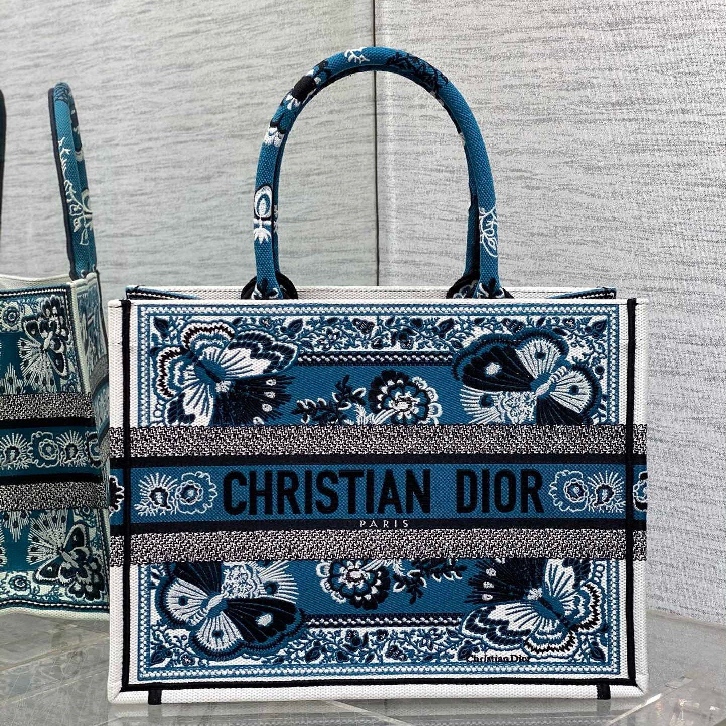 Dior Medium Book Tote Bag in Blue Butterfly Bandana Embroidery