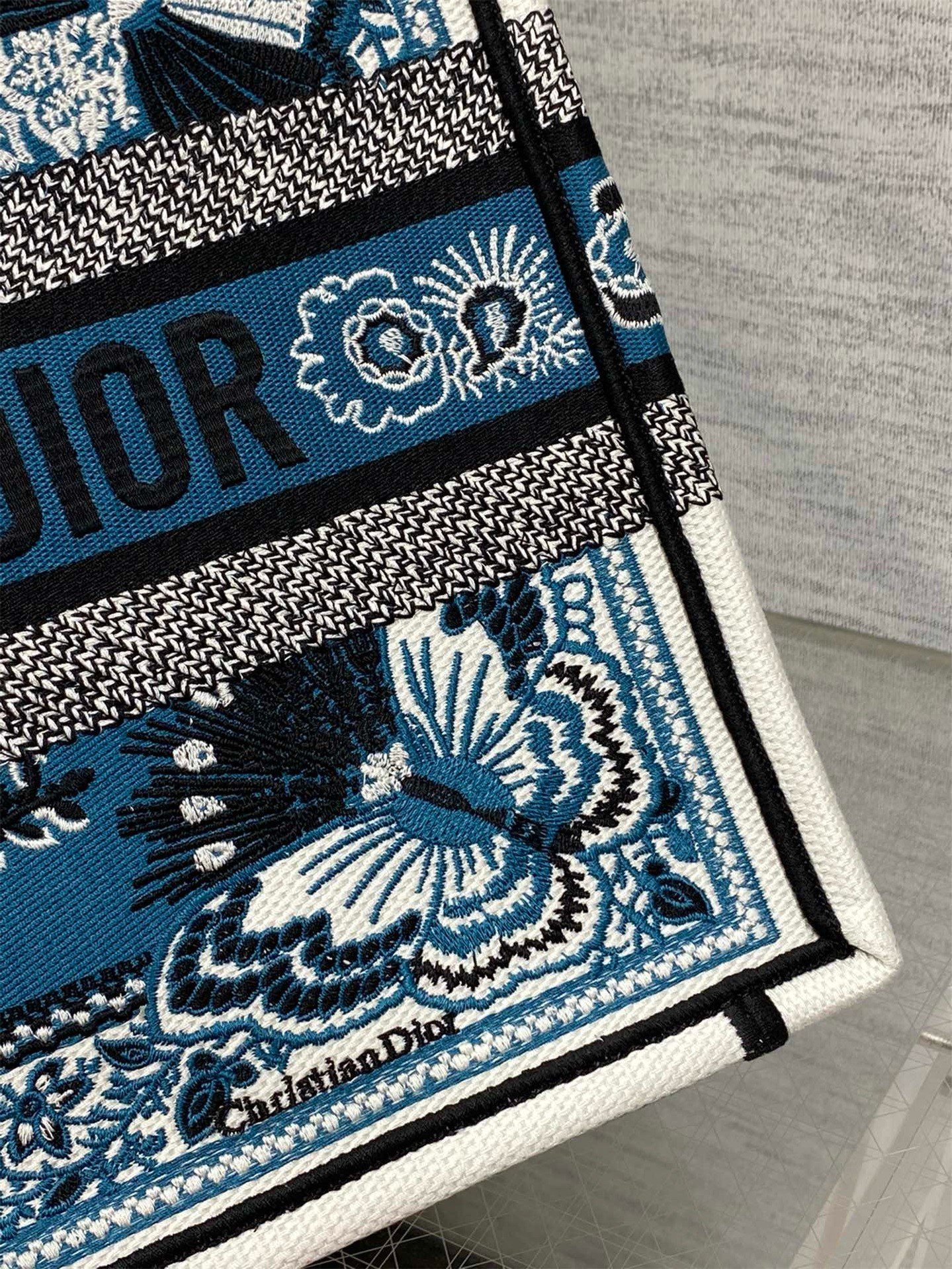 Dior Medium Book Tote Bag in Blue Butterfly Bandana Embroidery