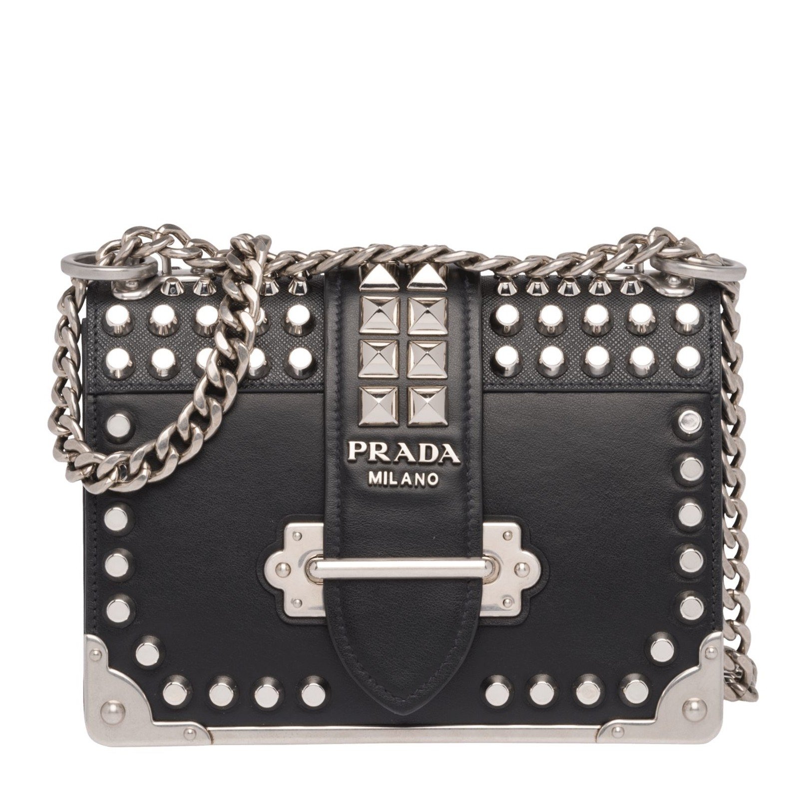 Prada Cahier Black Leather Shoulder Bag with Studded