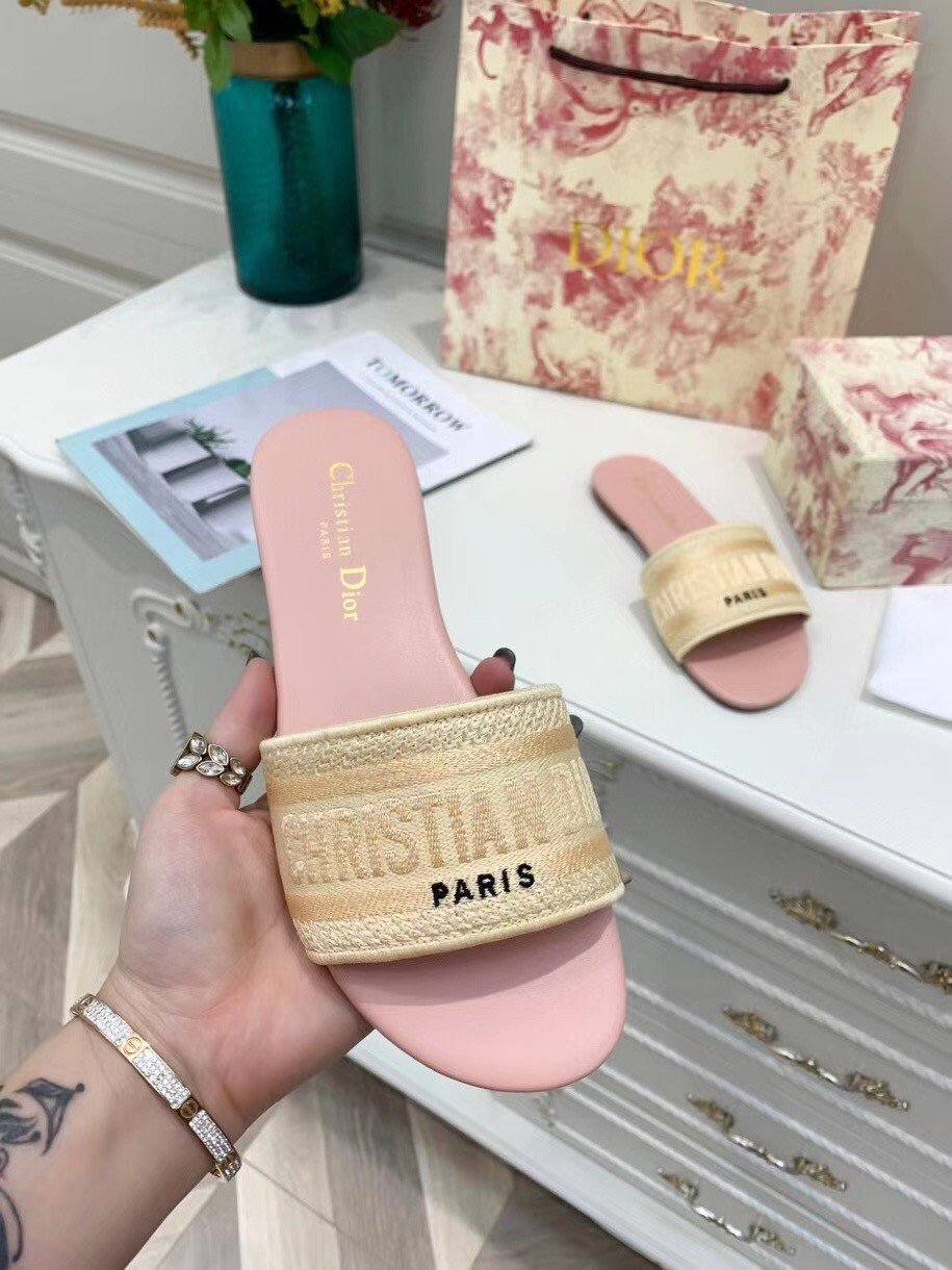 Dior Dway Slides In Gold-Tone Metallic Thread Embroidered Cotton