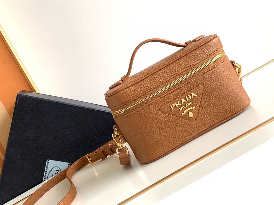 Prada Mini Vanity Bag in Brown Grained Leather