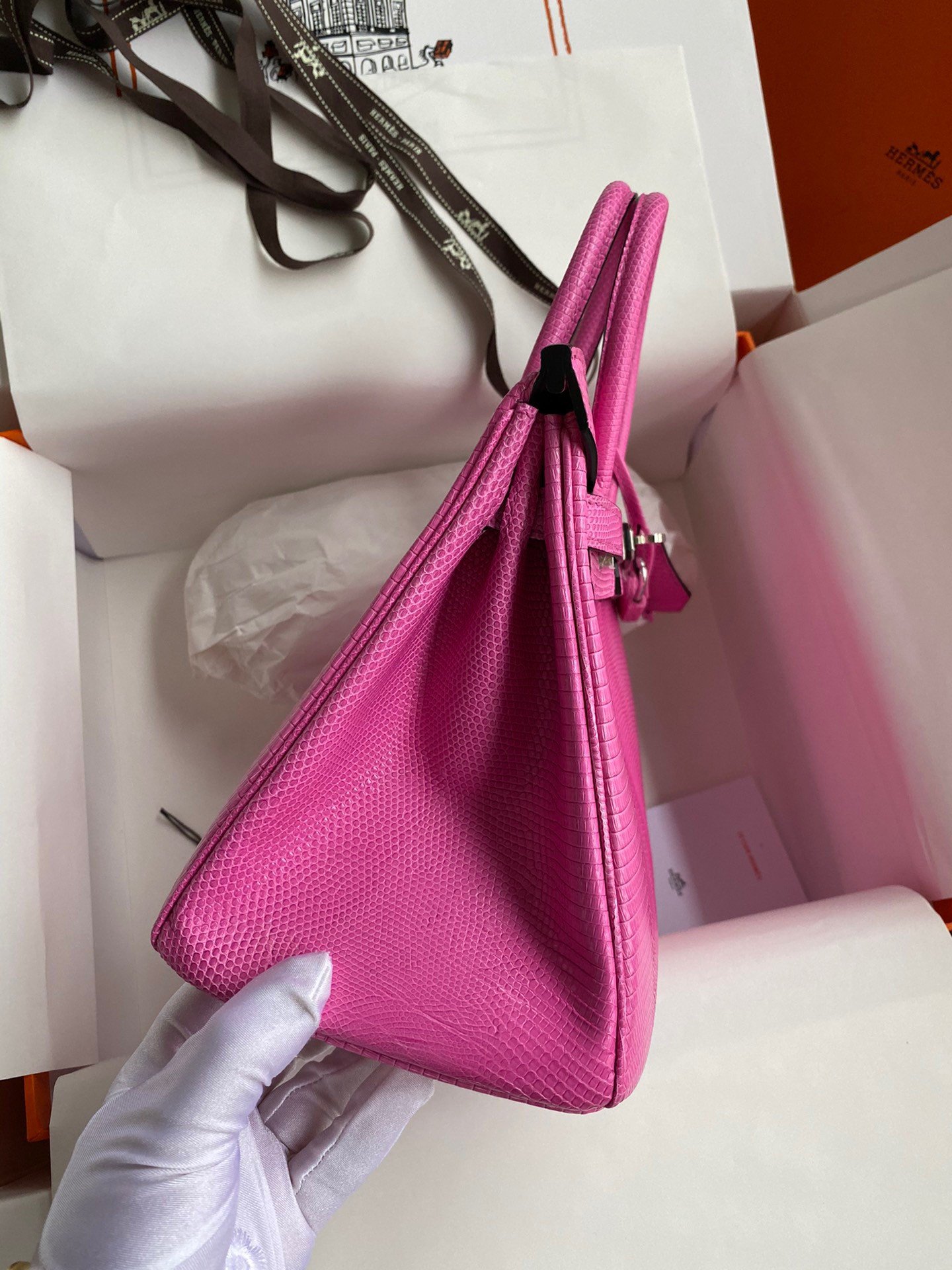 Hermes Birkin 25 Retourne Handmade Bag In Pink Lizard Leather