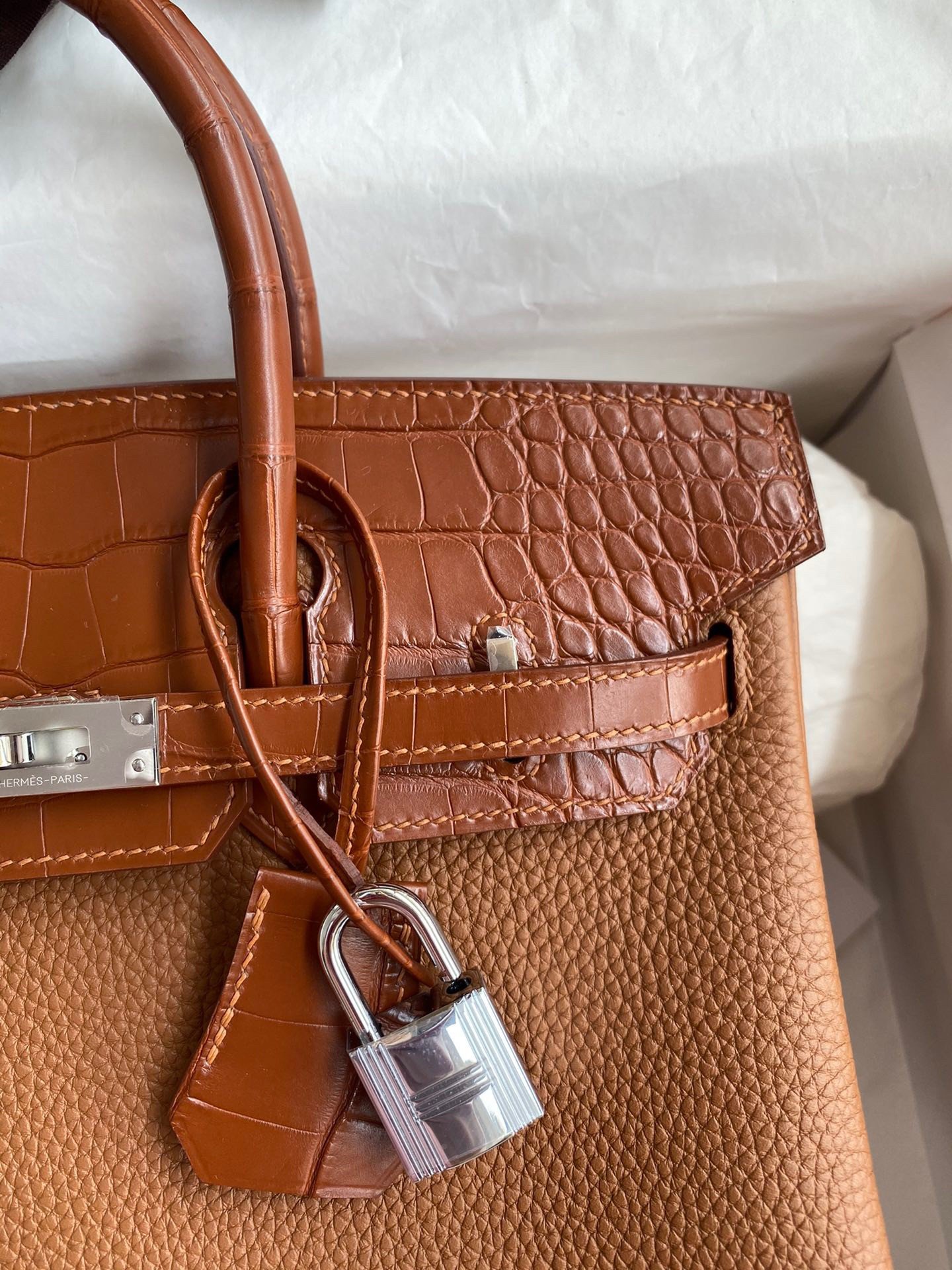 Hermes Touch Birkin 25 Bag in Gold Togo and Matte Alligator Leather