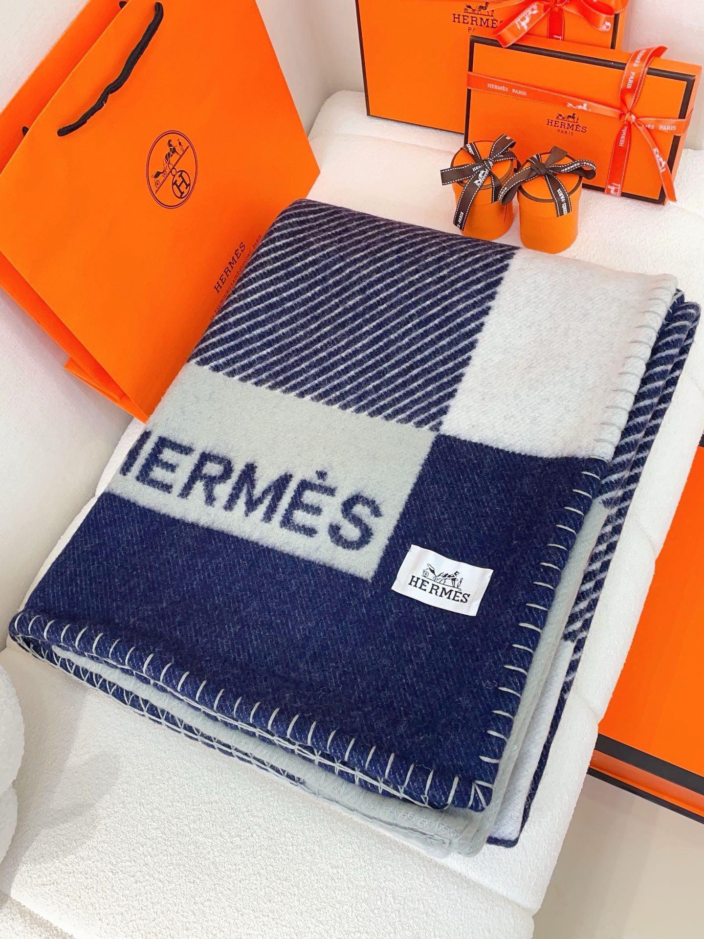 Hermes H Riviera Blanket in Marine Wool and Cashmere