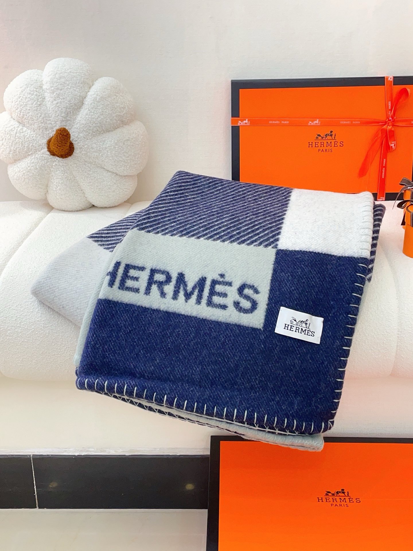 Hermes H Riviera Blanket in Marine Wool and Cashmere