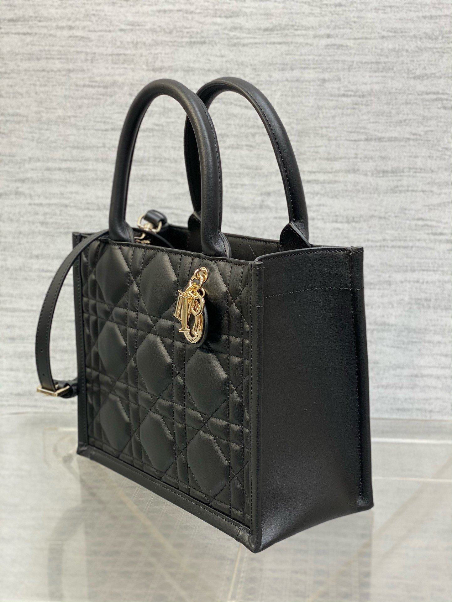 Dior Small Book Tote Bag with Strap in Black Macrocannage Calfskin