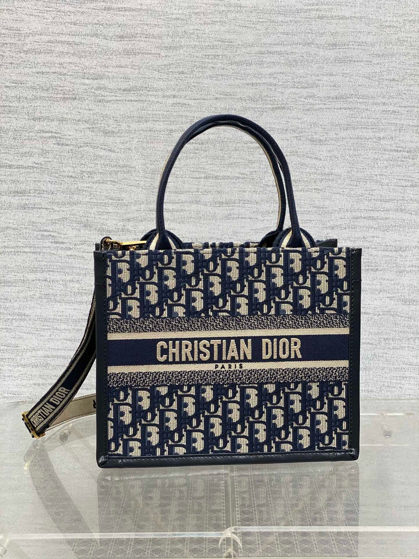 Dior Small Book Tote Bag with Strap in Blue Dior Oblique Canvas