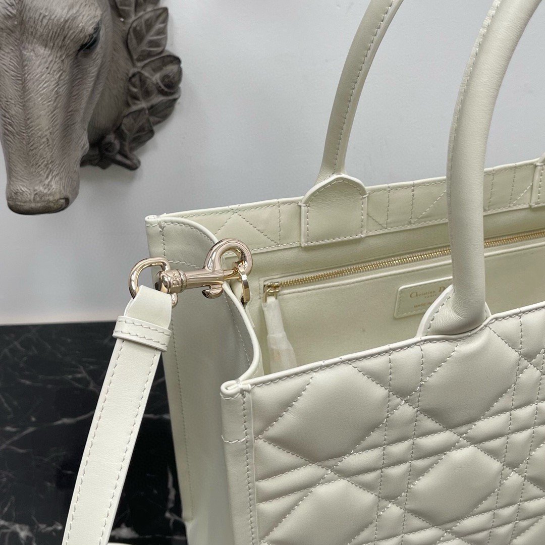 Dior Medium Book Tote Bag with Strap in White Macrocannage Calfskin