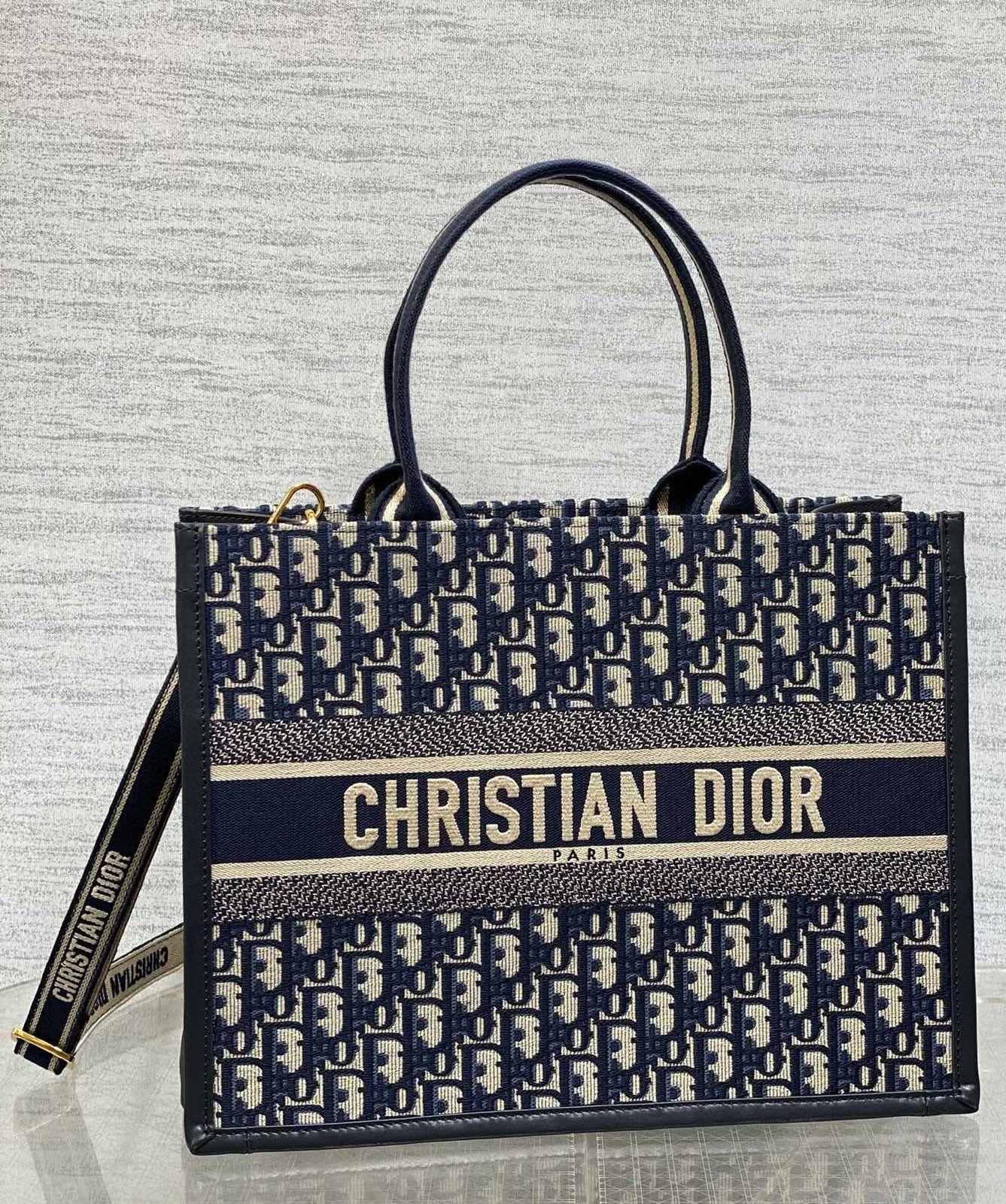 Dior Medium Book Tote Bag with Strap in Blue Dior Oblique Canvas