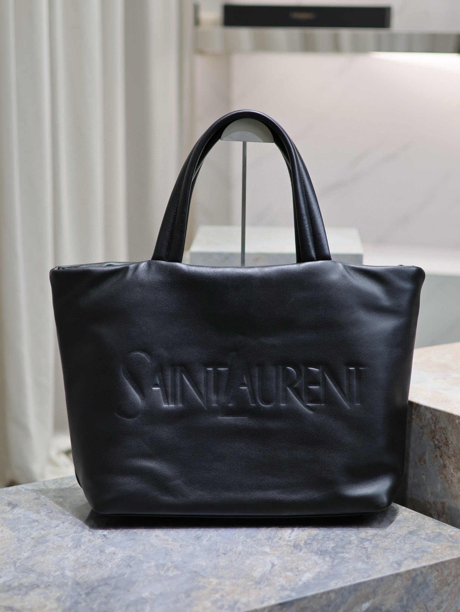 Saint Laurent Wide Puffer Tote Bag in Black Nappa Lambskin