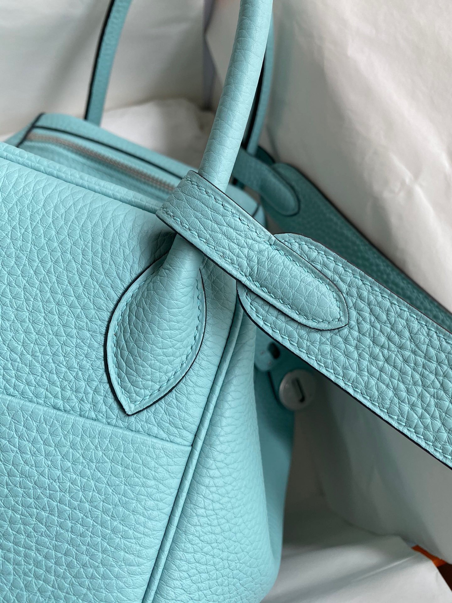 Hermes Lindy 30 Handmade Bag In Blue Atoll Clemence Leather