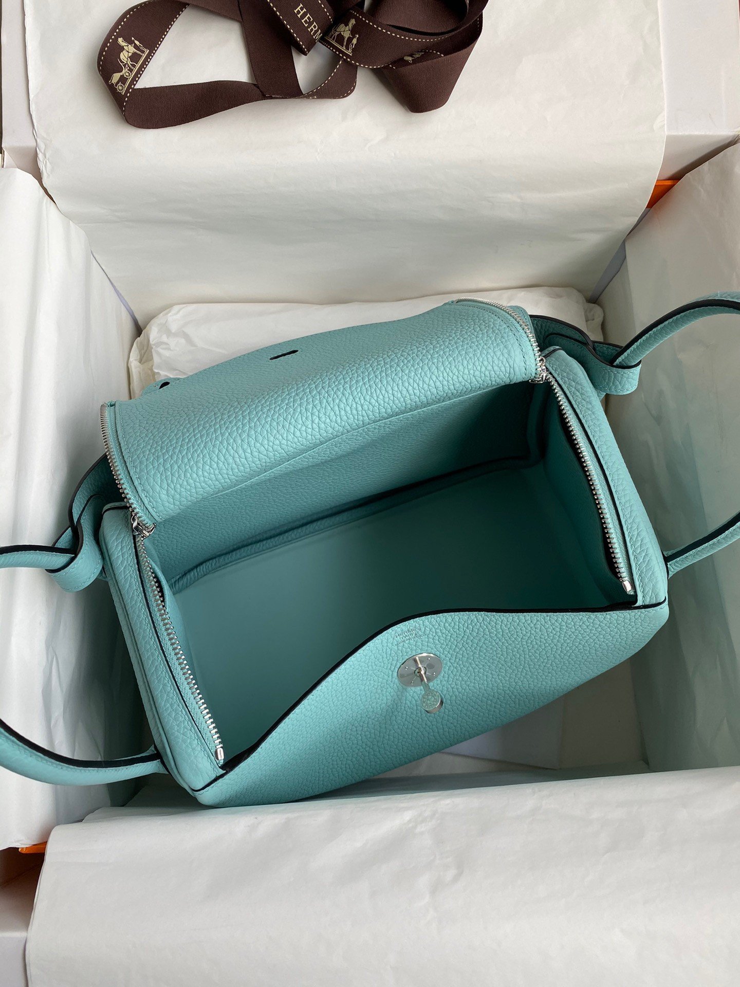 Hermes Lindy 30 Handmade Bag In Blue Atoll Clemence Leather