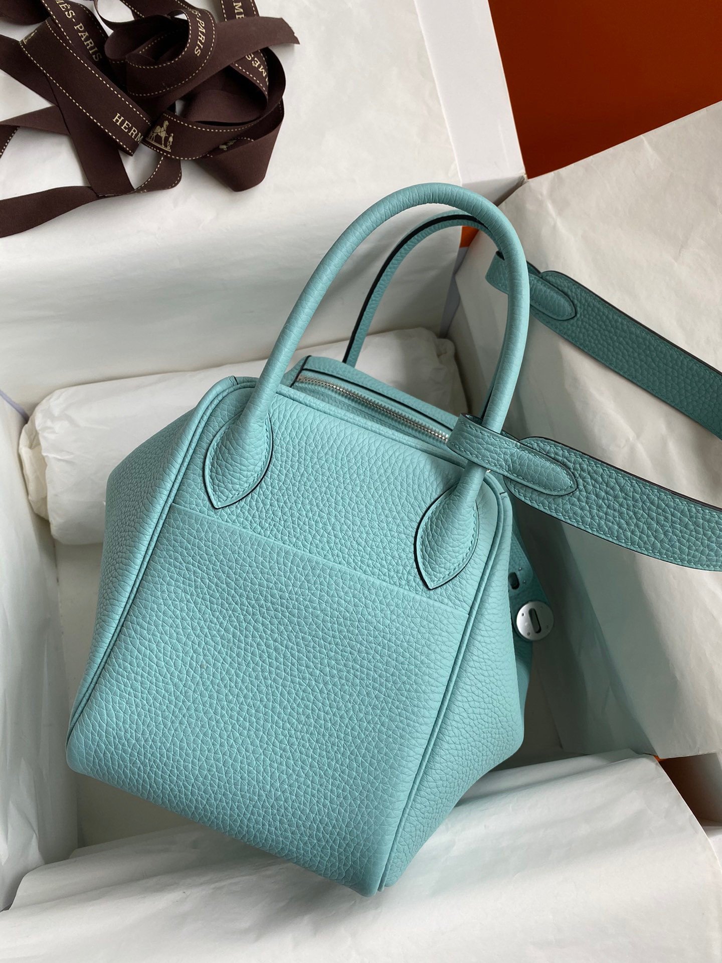 Hermes Lindy 30 Handmade Bag In Blue Atoll Clemence Leather