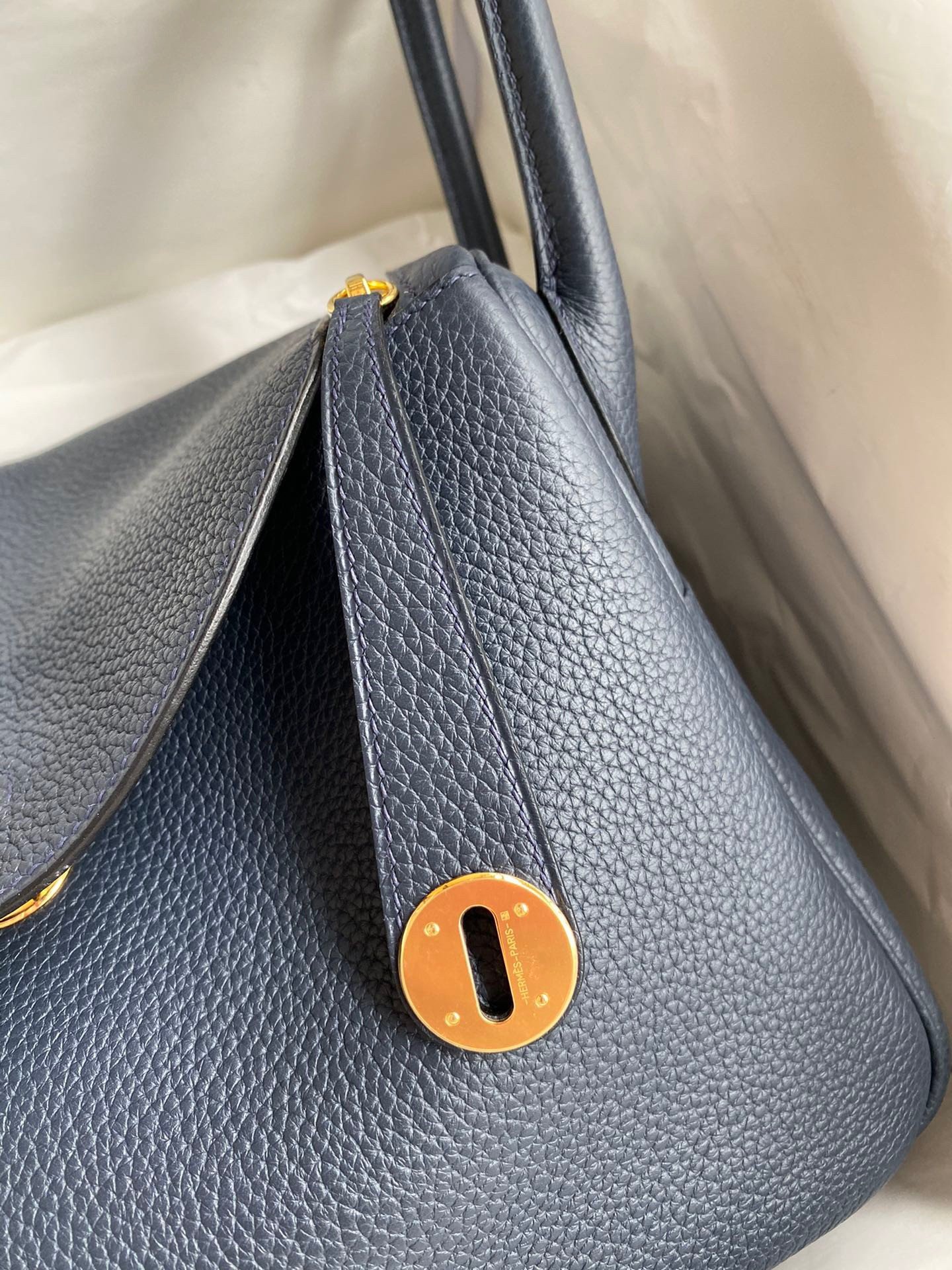 Hermes Lindy 30 Handmade Bag In Blue Nuit Clemence Leather