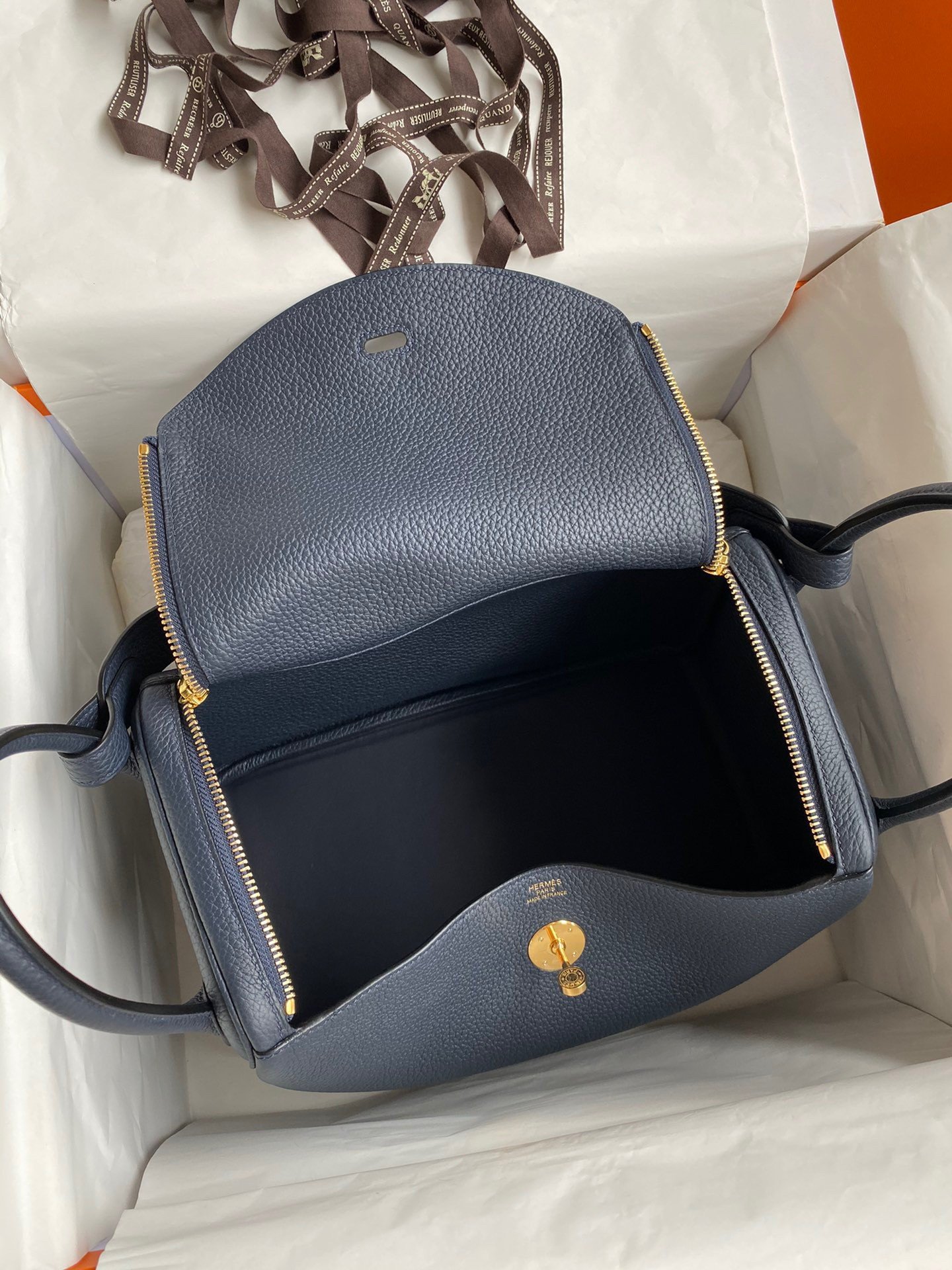 Hermes Lindy 30 Handmade Bag In Blue Nuit Clemence Leather