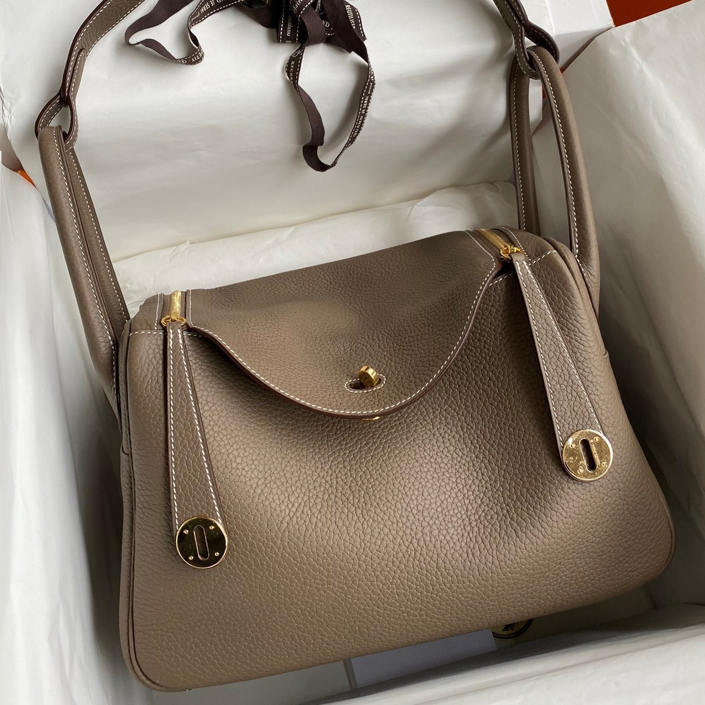 Hermes Lindy 30 Handmade Bag In Taupe Clemence Leather