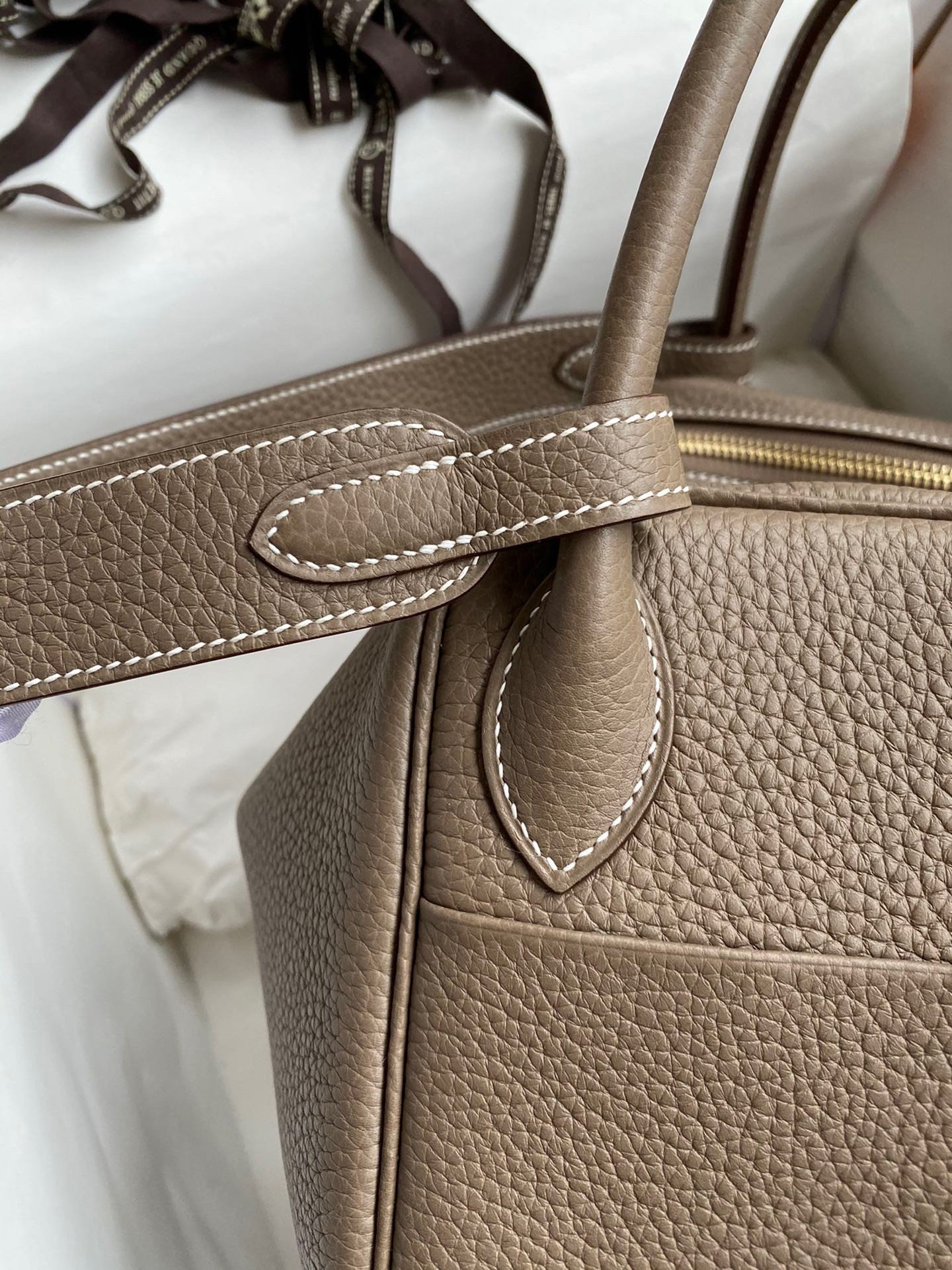 Hermes Lindy 30 Handmade Bag In Taupe Clemence Leather