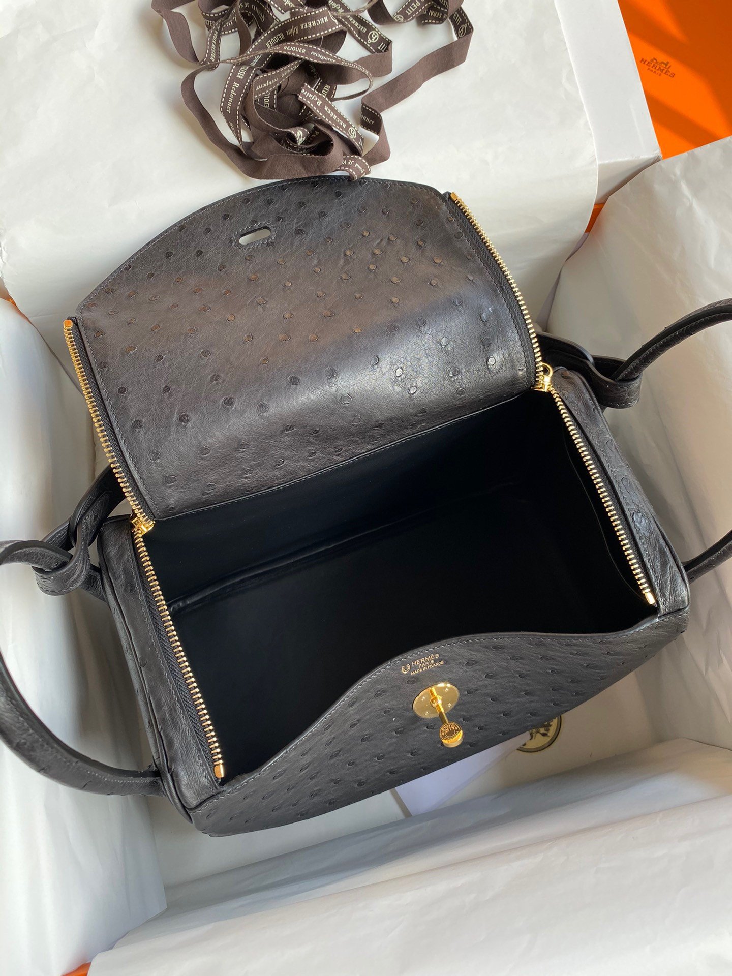 Hermes Lindy 30 Handmade Bag In Black Ostrich Leather