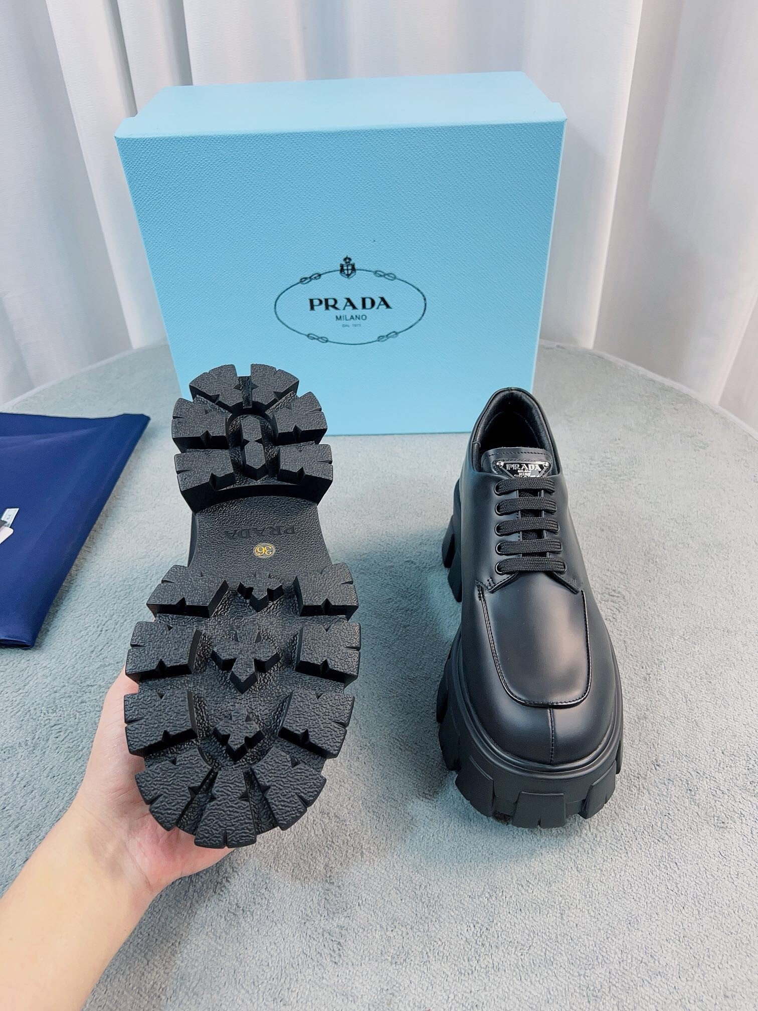 Prada Monolith Lace-up Shoes in Black Brushed Leather