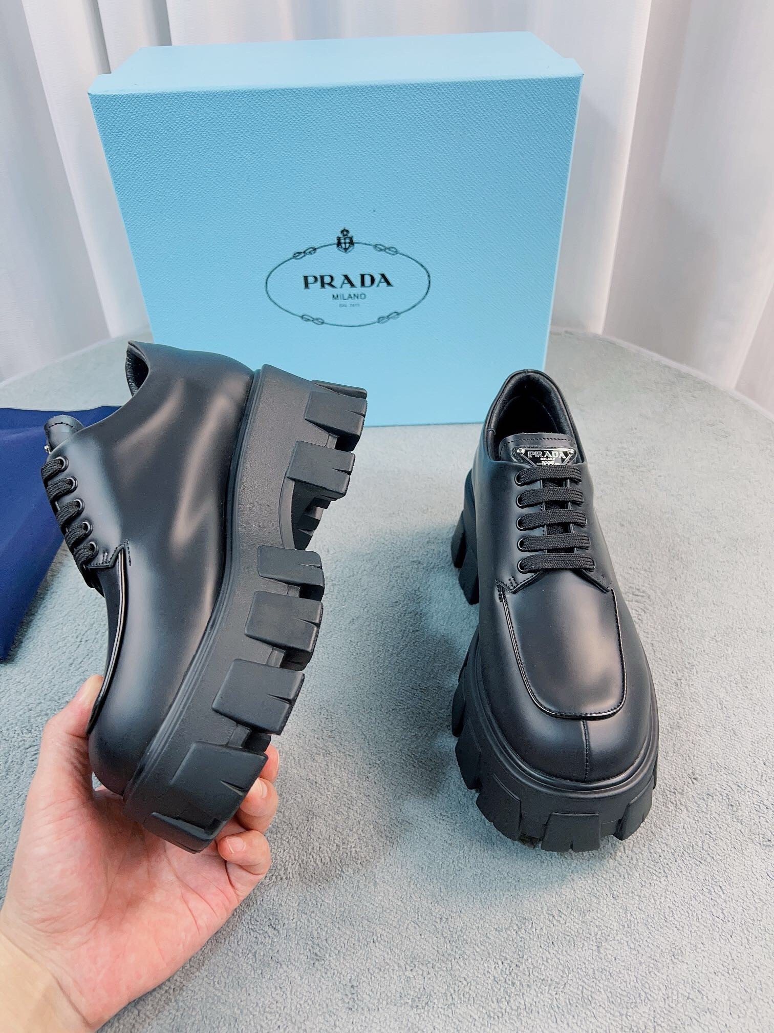 Prada Monolith Lace-up Shoes in Black Brushed Leather