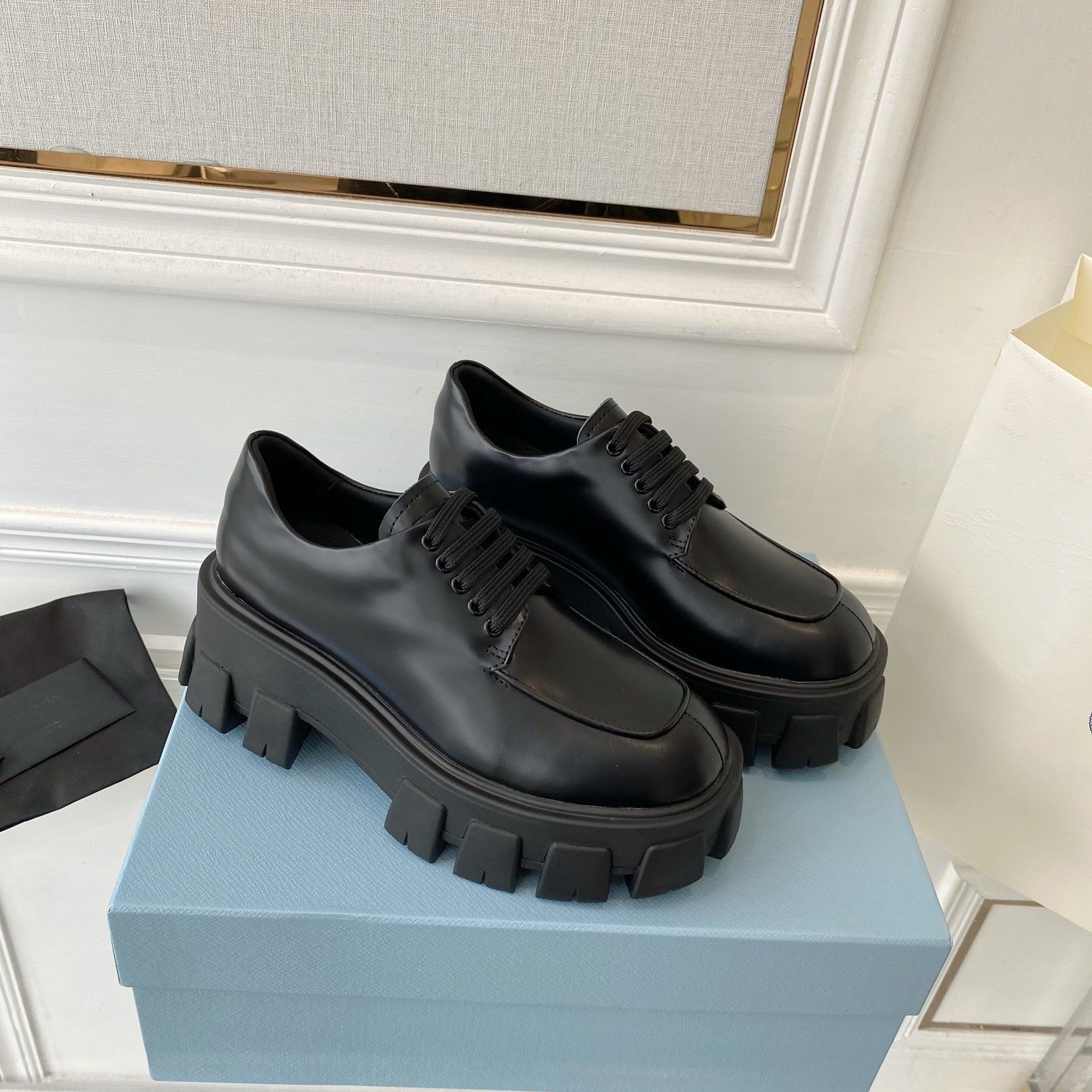 Prada Monolith Lace-up Loafers in Black Brushed Leather