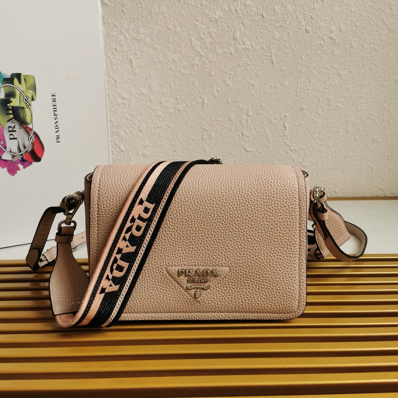 Prada Flap Shoulder Bag in Light Pink Grained Leather