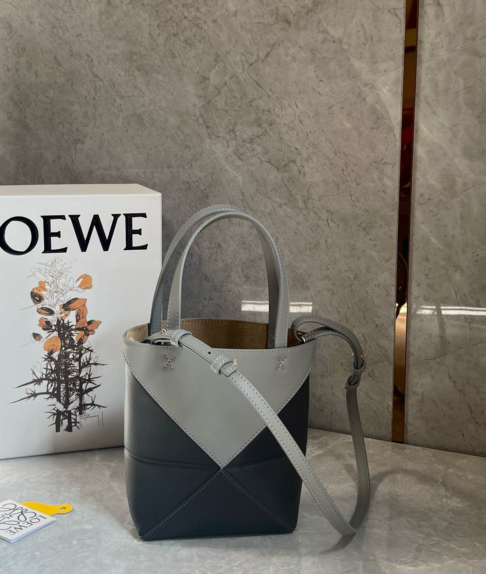 Loewe Mini Puzzle Fold Tote Bag in Grey/Dark Grey Calfskin