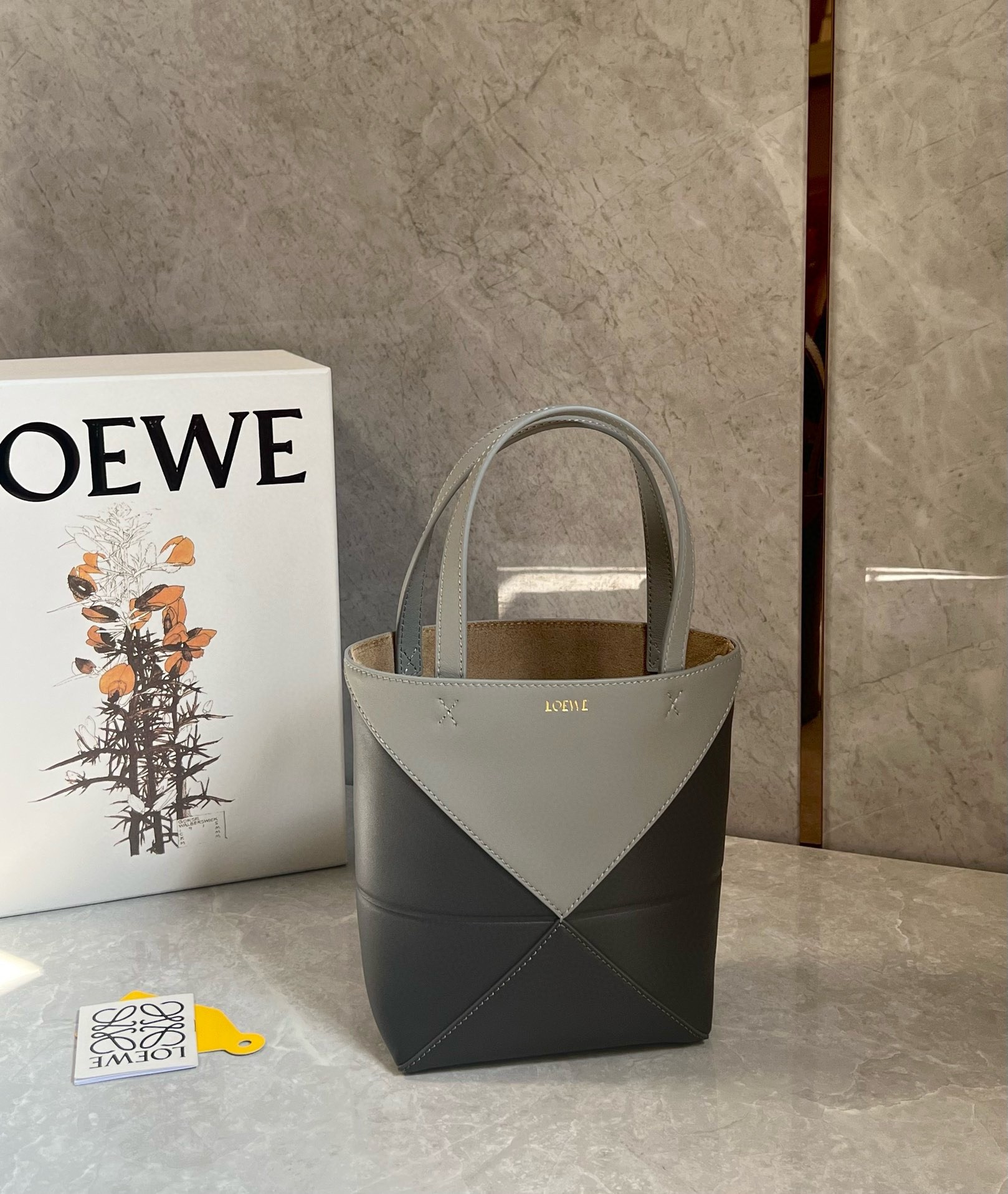 Loewe Mini Puzzle Fold Tote Bag in Grey/Dark Grey Calfskin