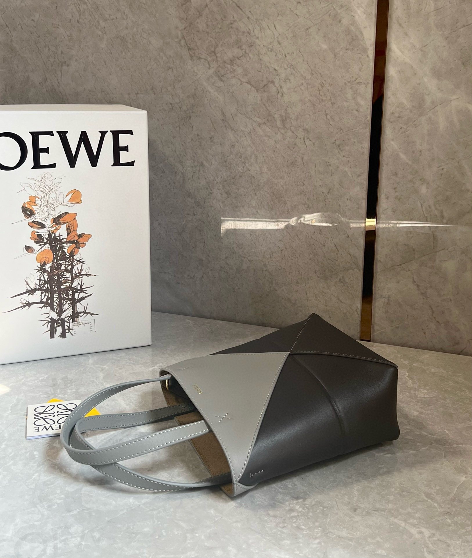 Loewe Mini Puzzle Fold Tote Bag in Grey/Dark Grey Calfskin