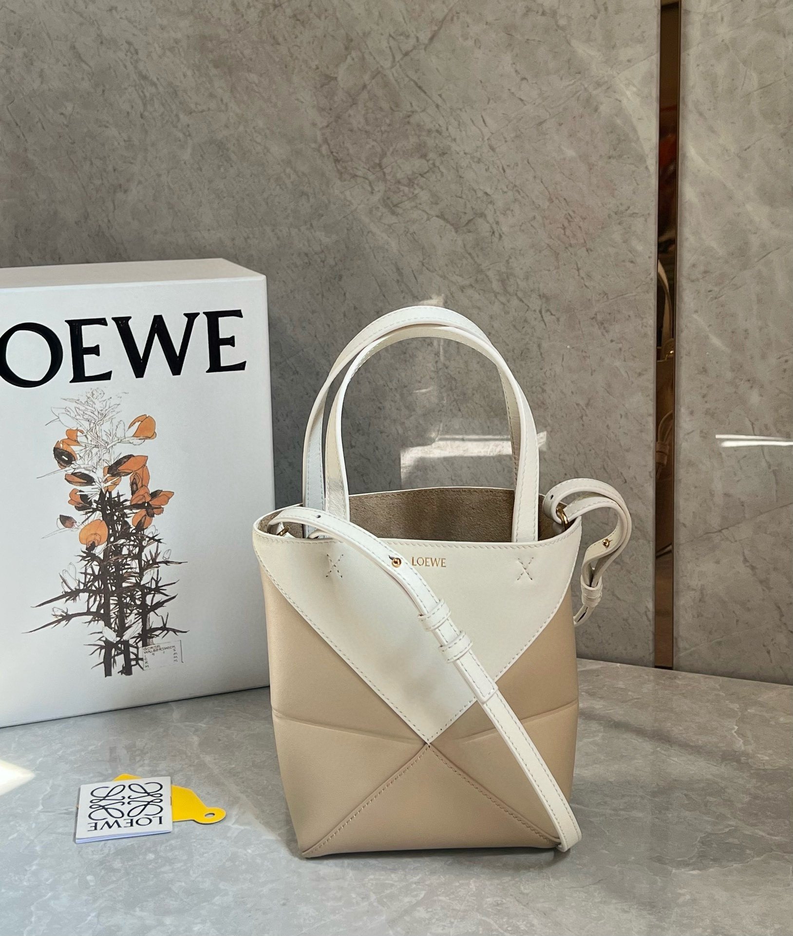 Loewe Mini Puzzle Fold Tote Bag in White/Beige Calfskin