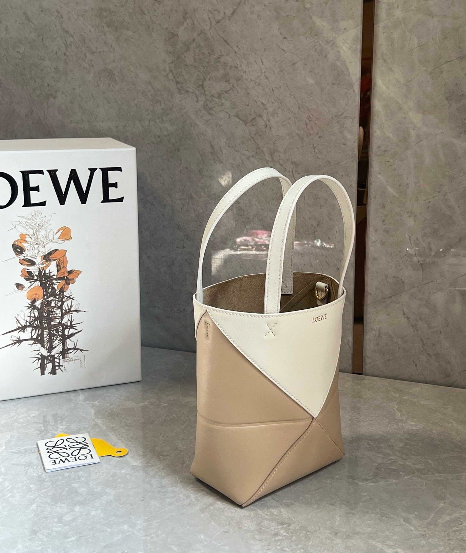 Loewe Mini Puzzle Fold Tote Bag in White/Beige Calfskin