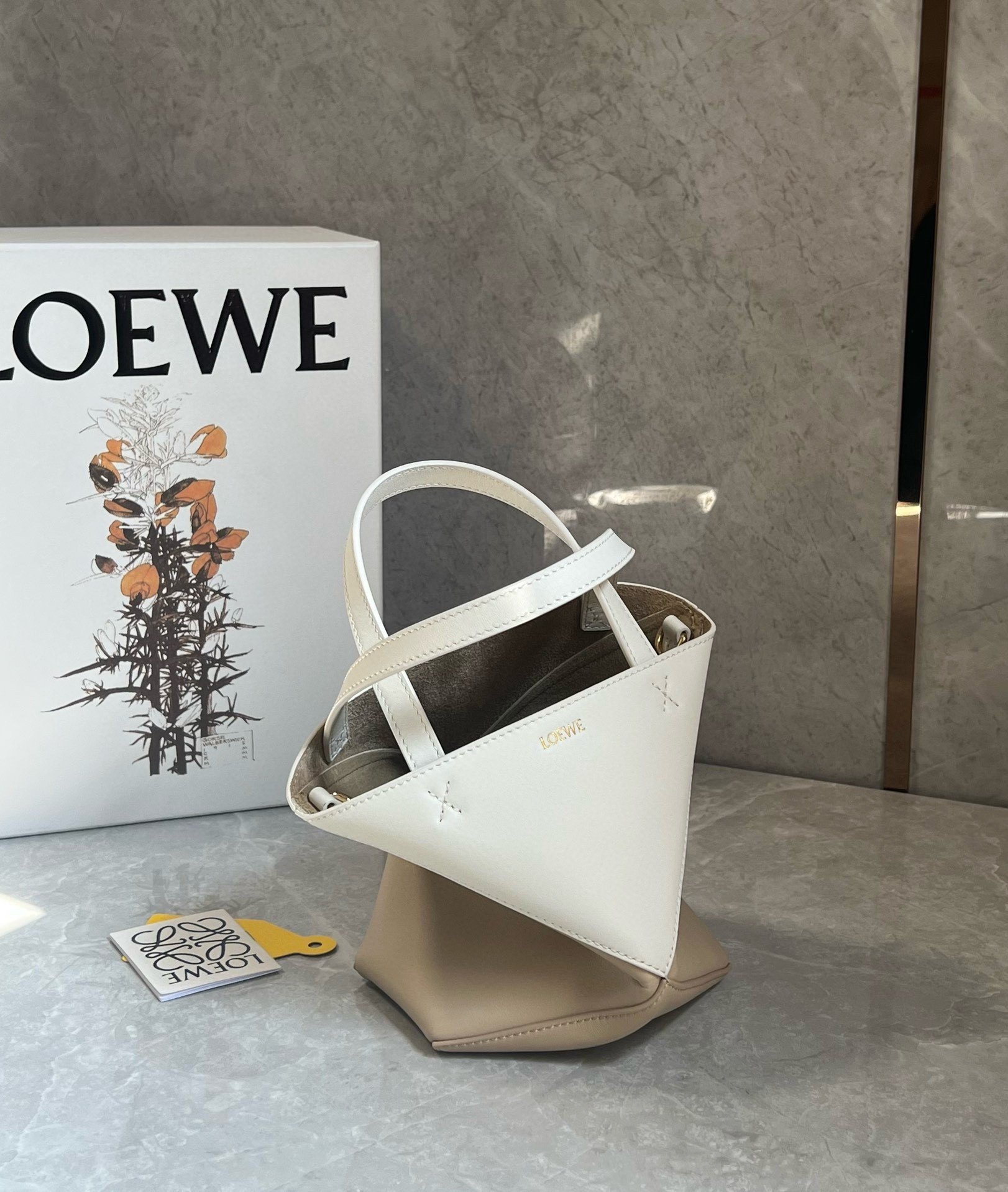 Loewe Mini Puzzle Fold Tote Bag in White/Beige Calfskin