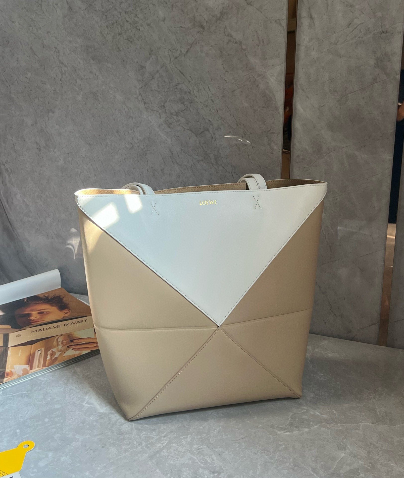 Loewe Medium Puzzle Fold Tote Bag in White/Beige Calfskin