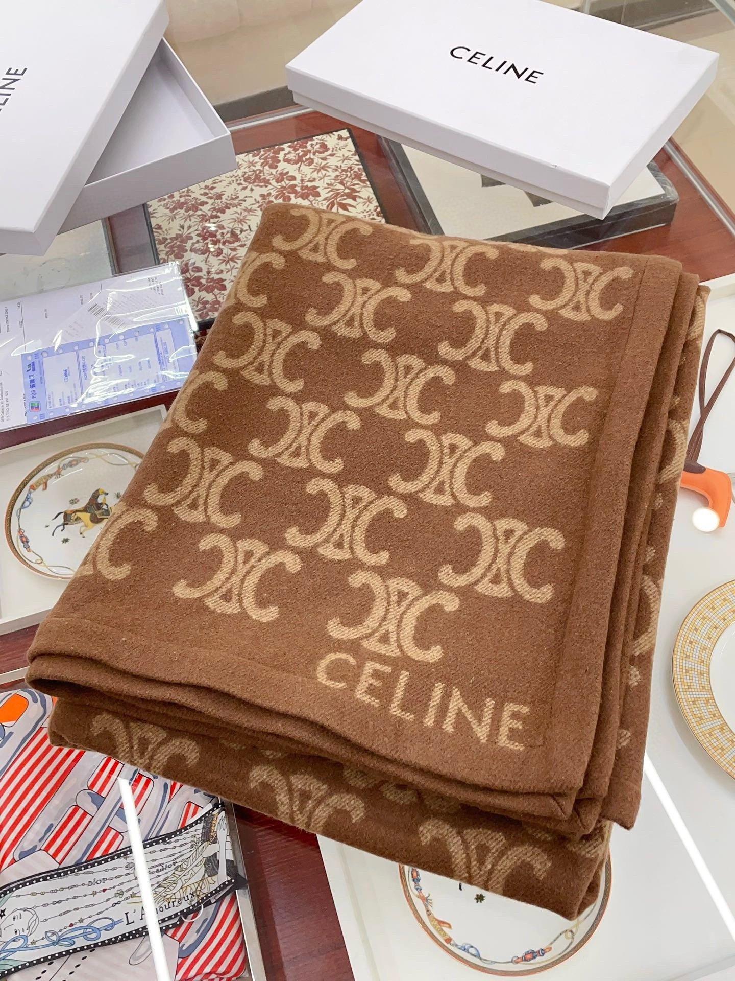 Celine Blanket in Camel and Beige Monogram Wool