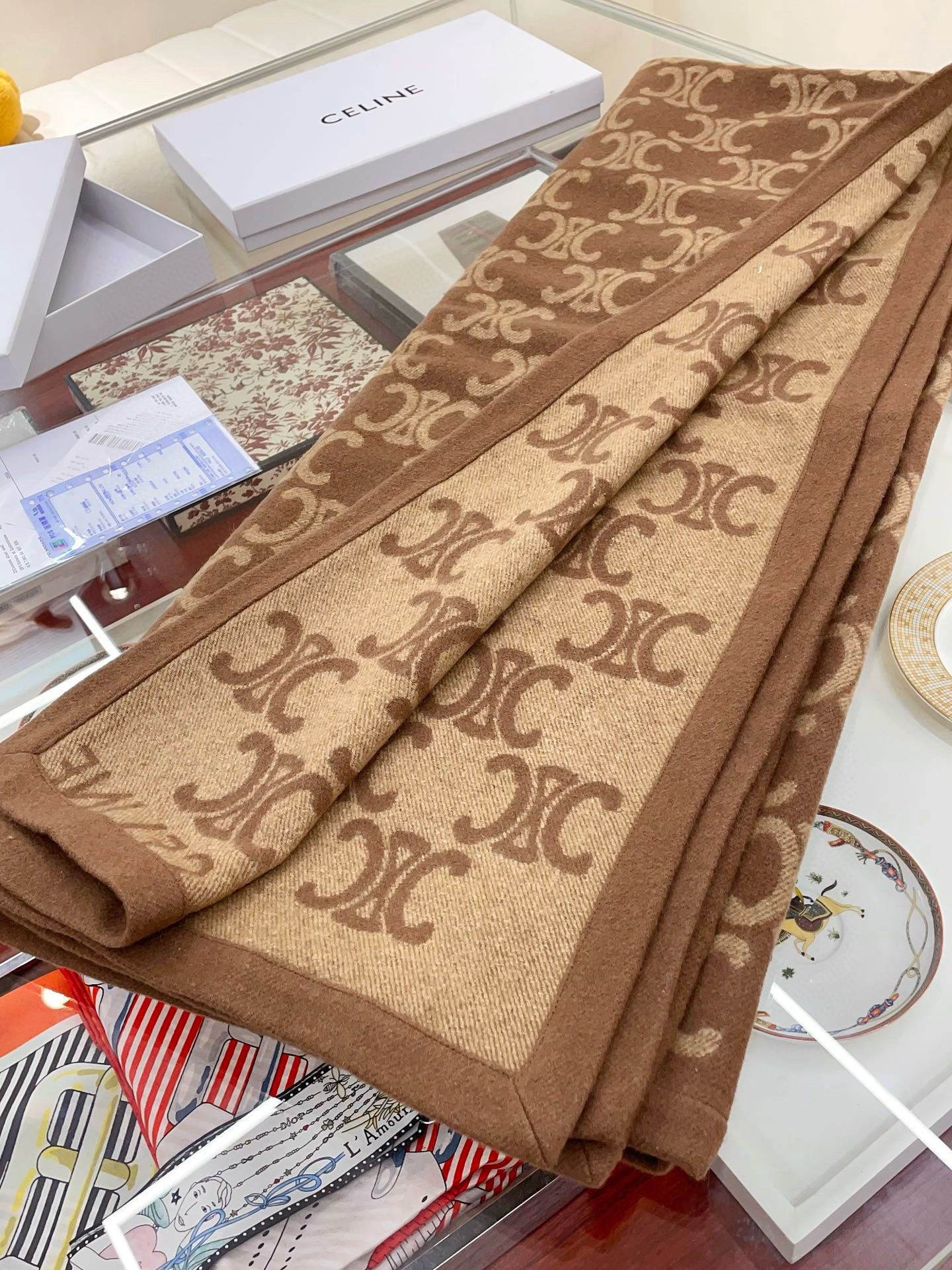 Celine Blanket in Camel and Beige Monogram Wool