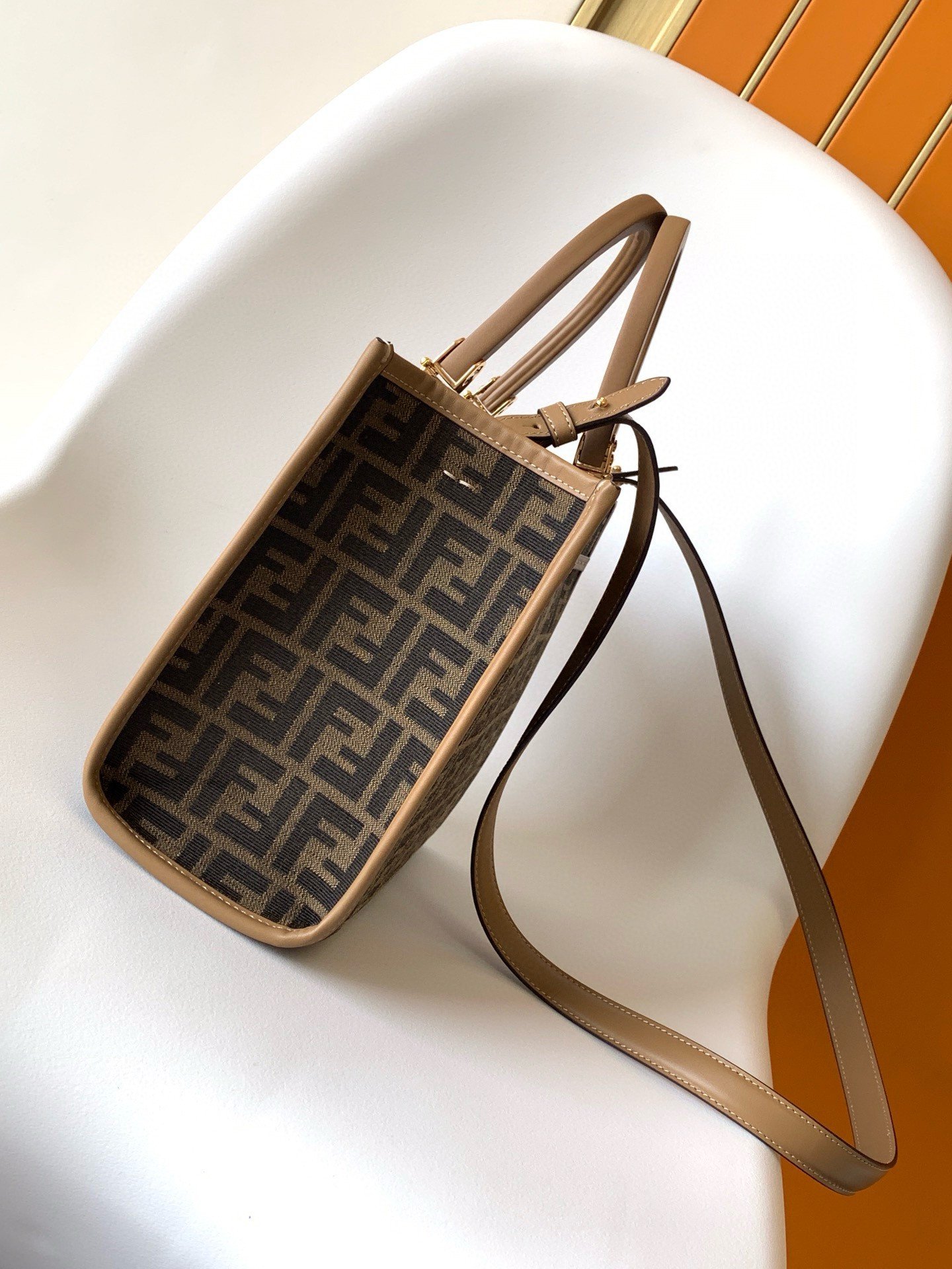 Fendi Sunshine Small Tote Bag in Brown FF Jacquard Fabric