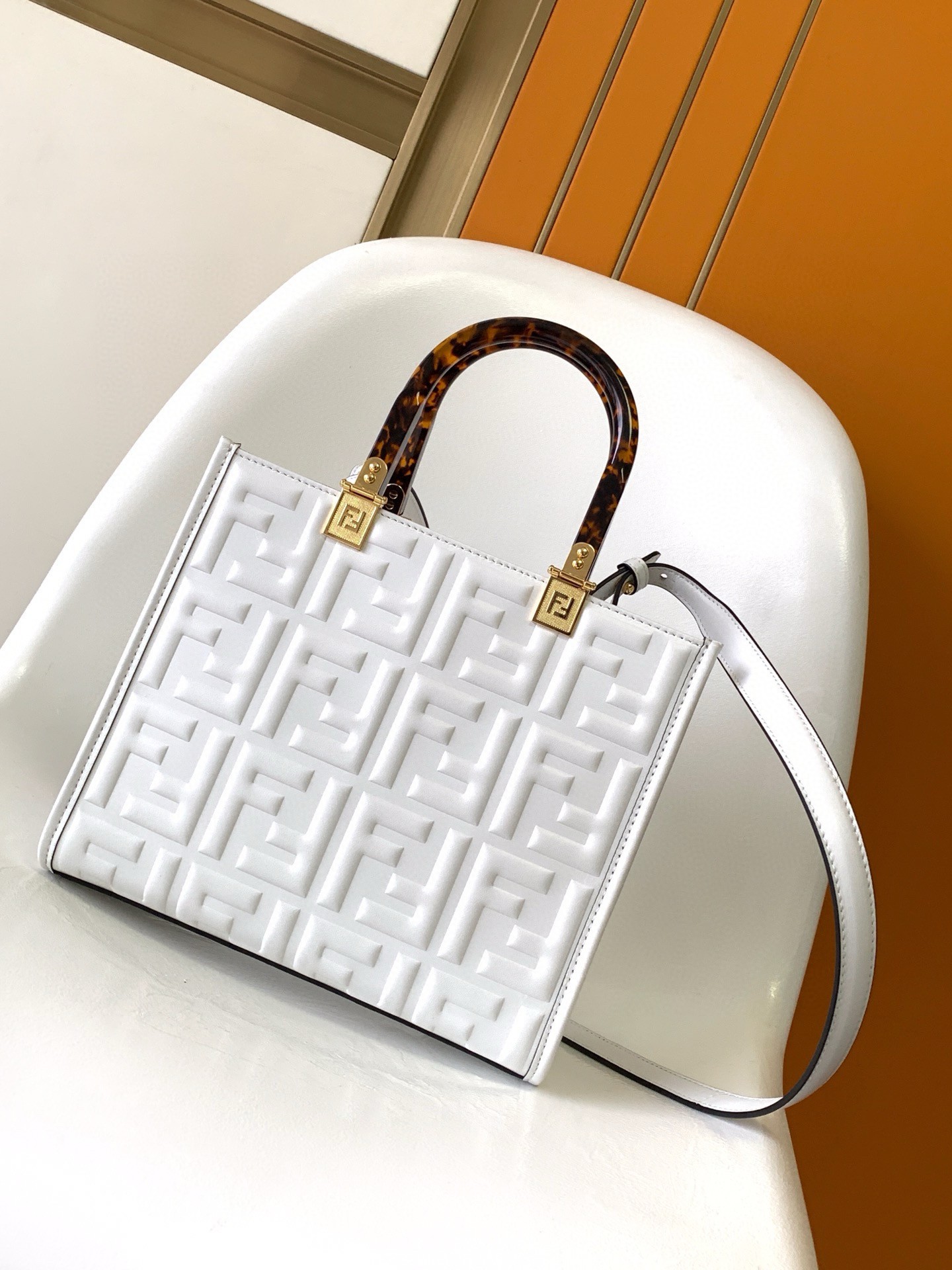 Fendi Sunshine Small Tote Bag In White FF Calfskin