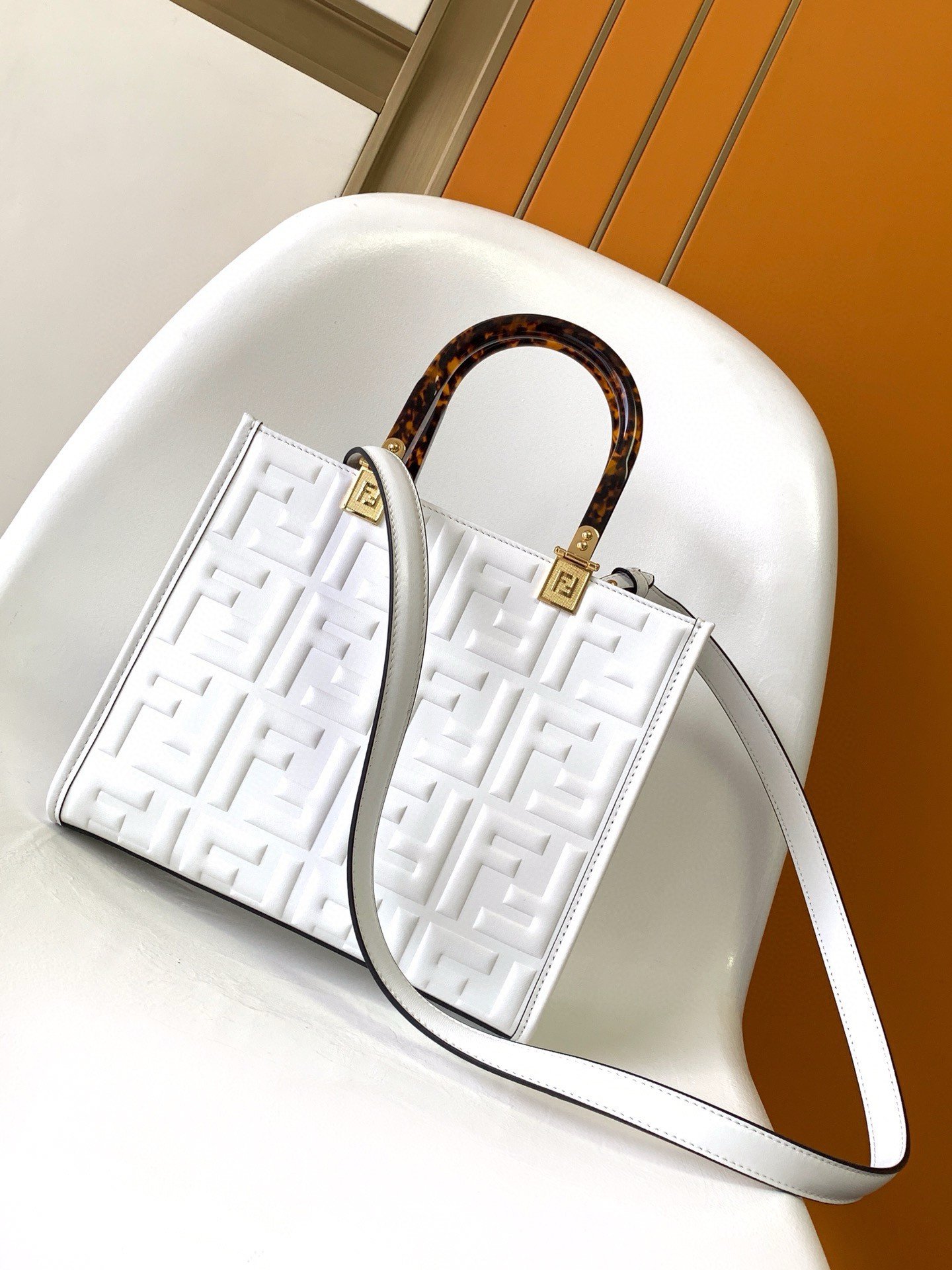 Fendi Sunshine Small Tote Bag In White FF Calfskin