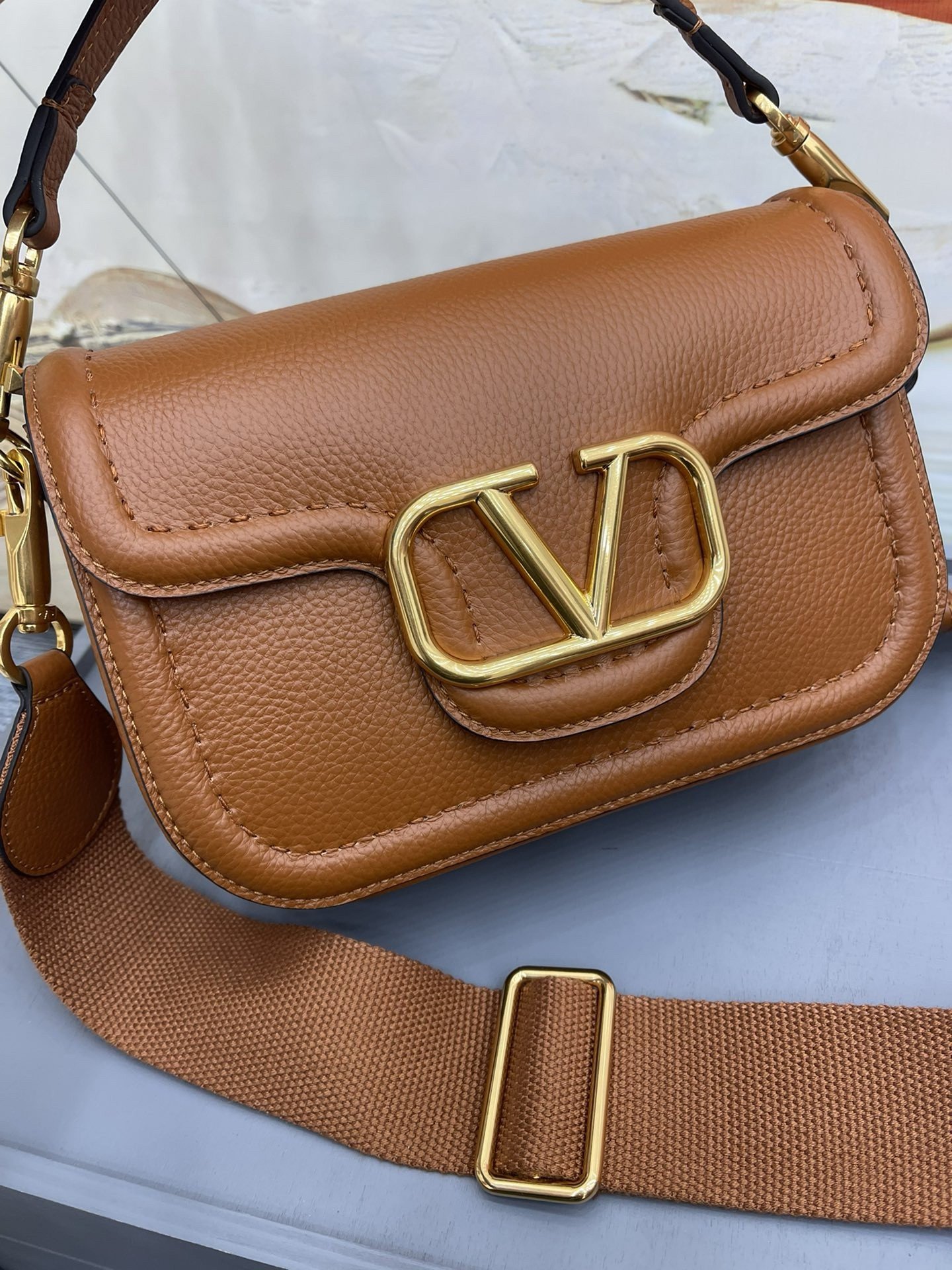 Valentino Alltime Shoulder Bag in Brown Grained Leather